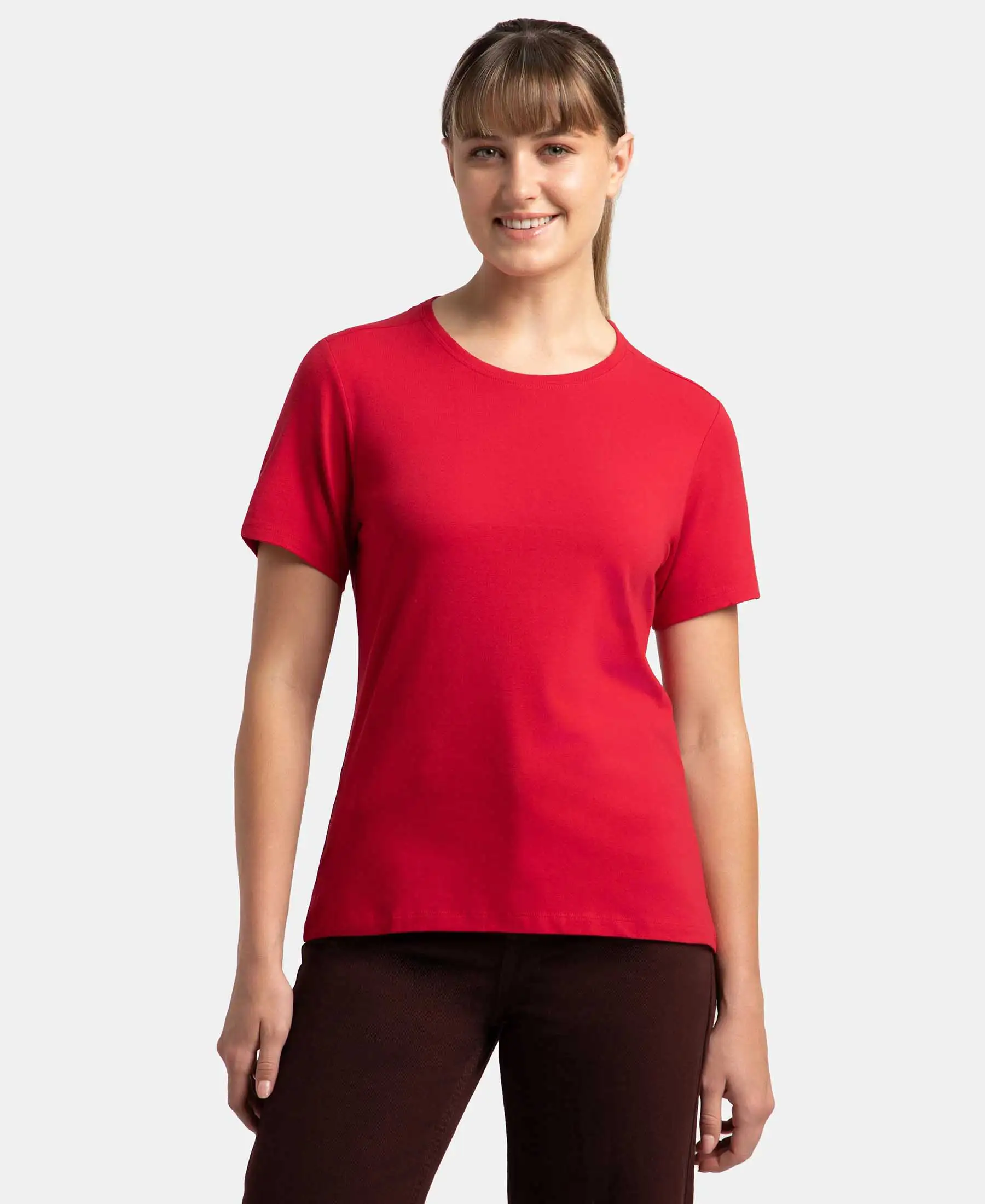 Super Combed Cotton Elastane Stretch Regular Fit Solid Round Neck Half Sleeve T-Shirt - Jester Red