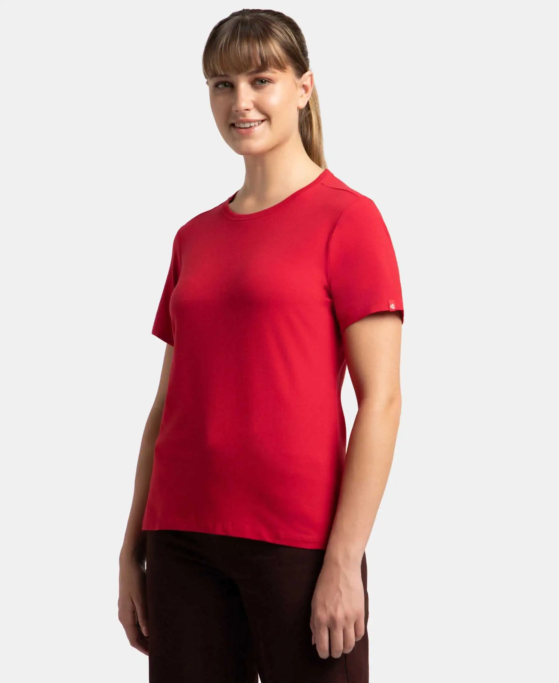 Super Combed Cotton Elastane Stretch Regular Fit Solid Round Neck Half Sleeve T-Shirt - Jester Red - Image 2