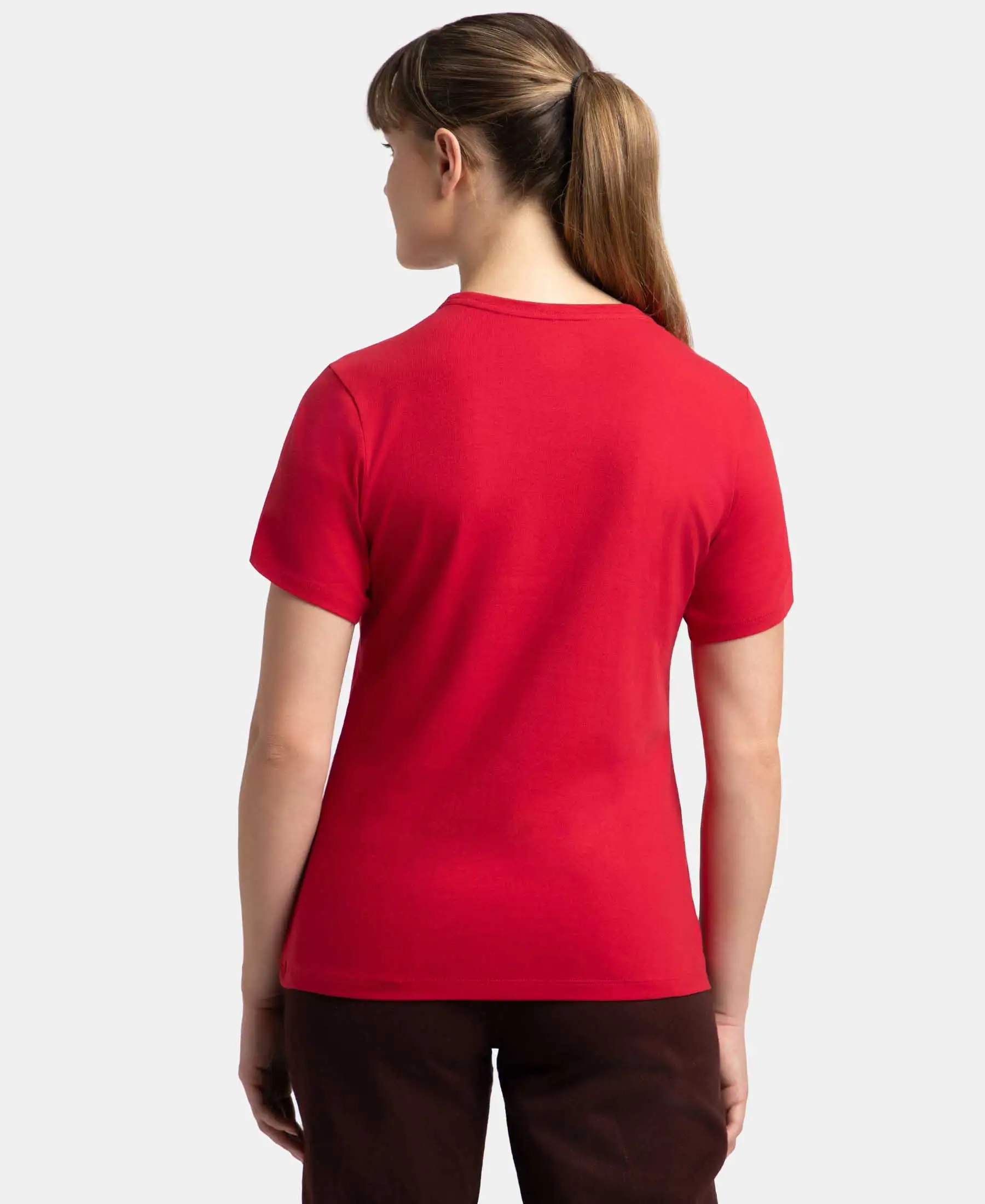Super Combed Cotton Elastane Stretch Regular Fit Solid Round Neck Half Sleeve T-Shirt - Jester Red - Image 3