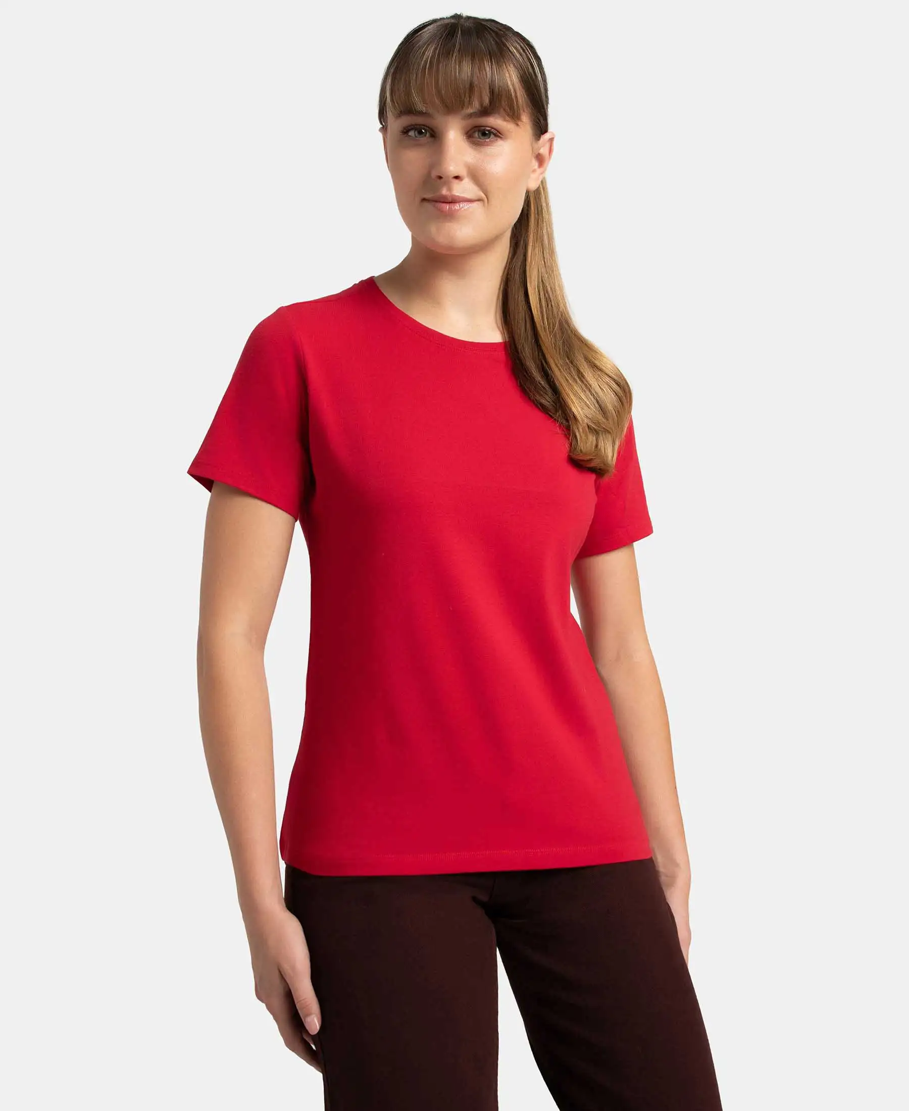 Super Combed Cotton Elastane Stretch Regular Fit Solid Round Neck Half Sleeve T-Shirt - Jester Red - Image 5