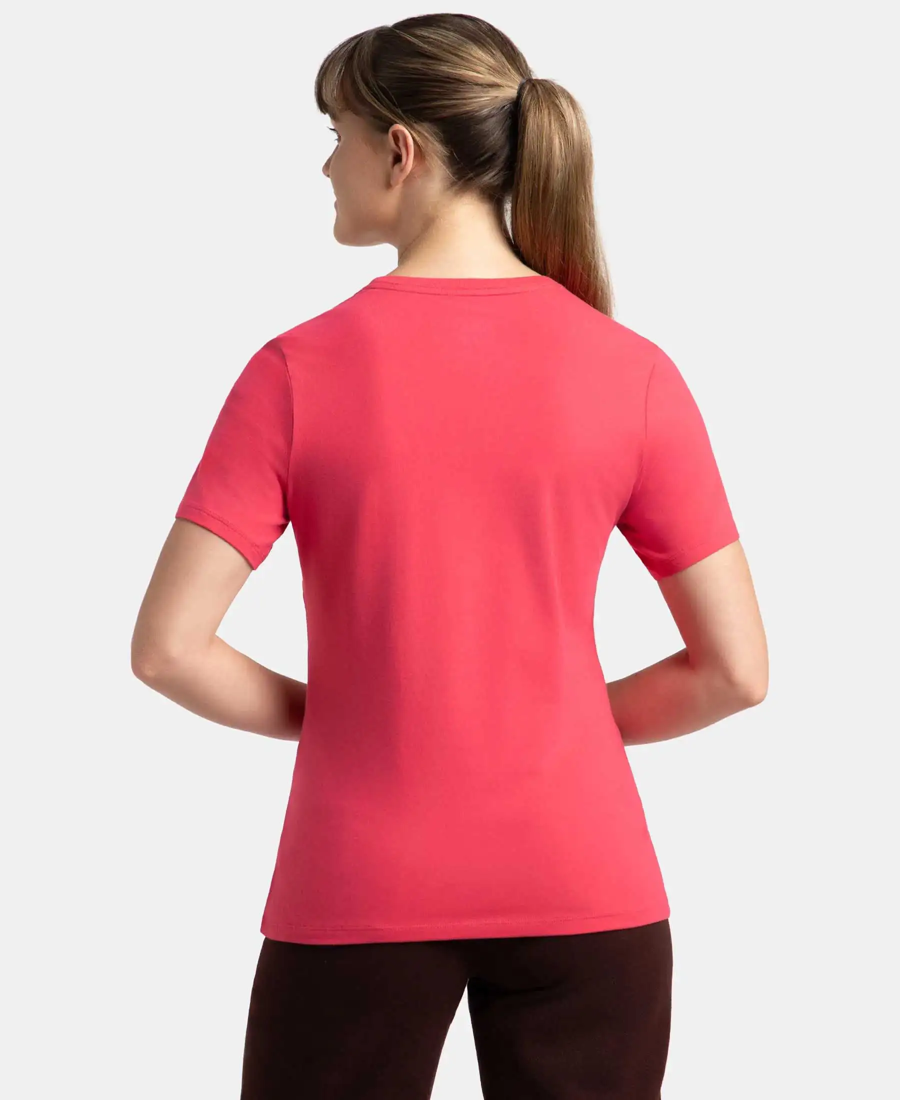Super Combed Cotton Elastane Stretch Regular Fit Solid Round Neck Half Sleeve T-Shirt - Ruby - Image 3