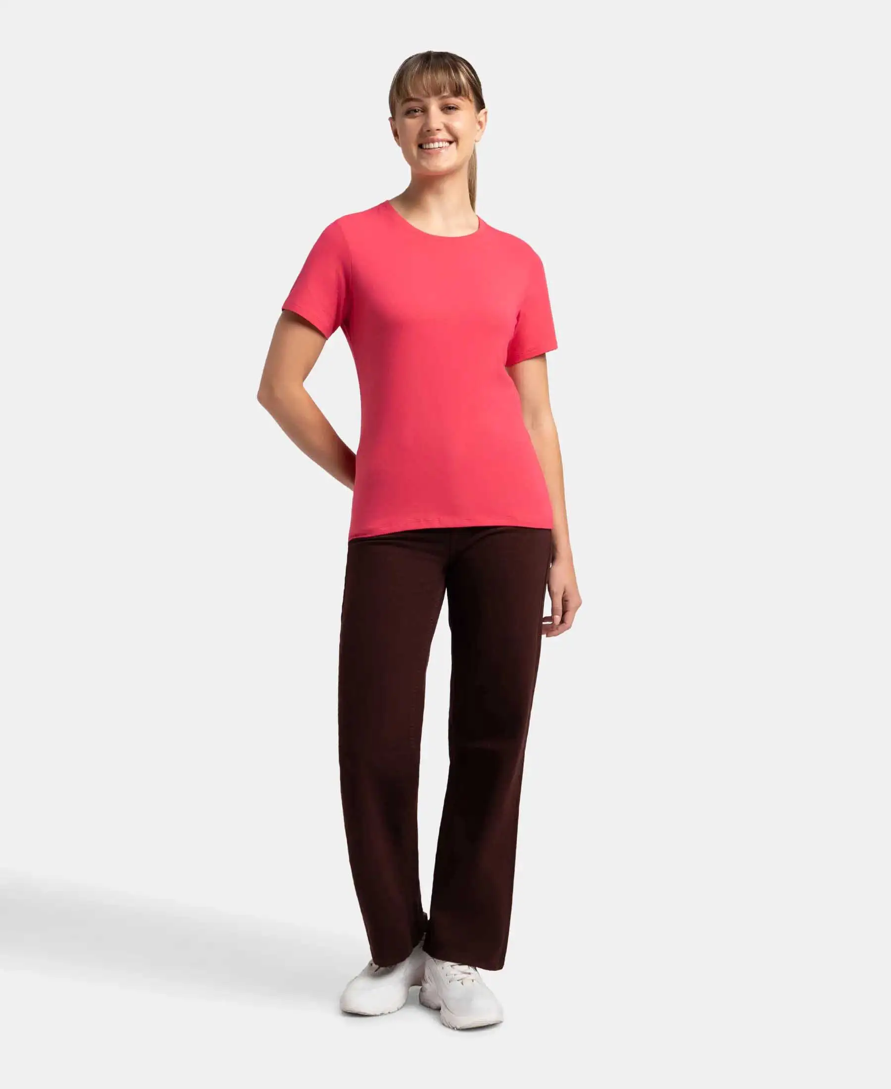 Super Combed Cotton Elastane Stretch Regular Fit Solid Round Neck Half Sleeve T-Shirt - Ruby - Image 4