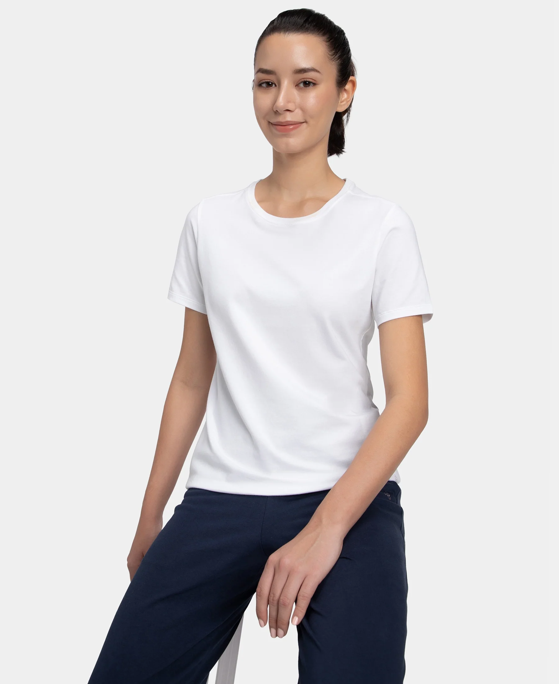Super Combed Cotton Elastane Stretch Regular Fit Solid Round Neck Half Sleeve T-Shirt - White - Image 5