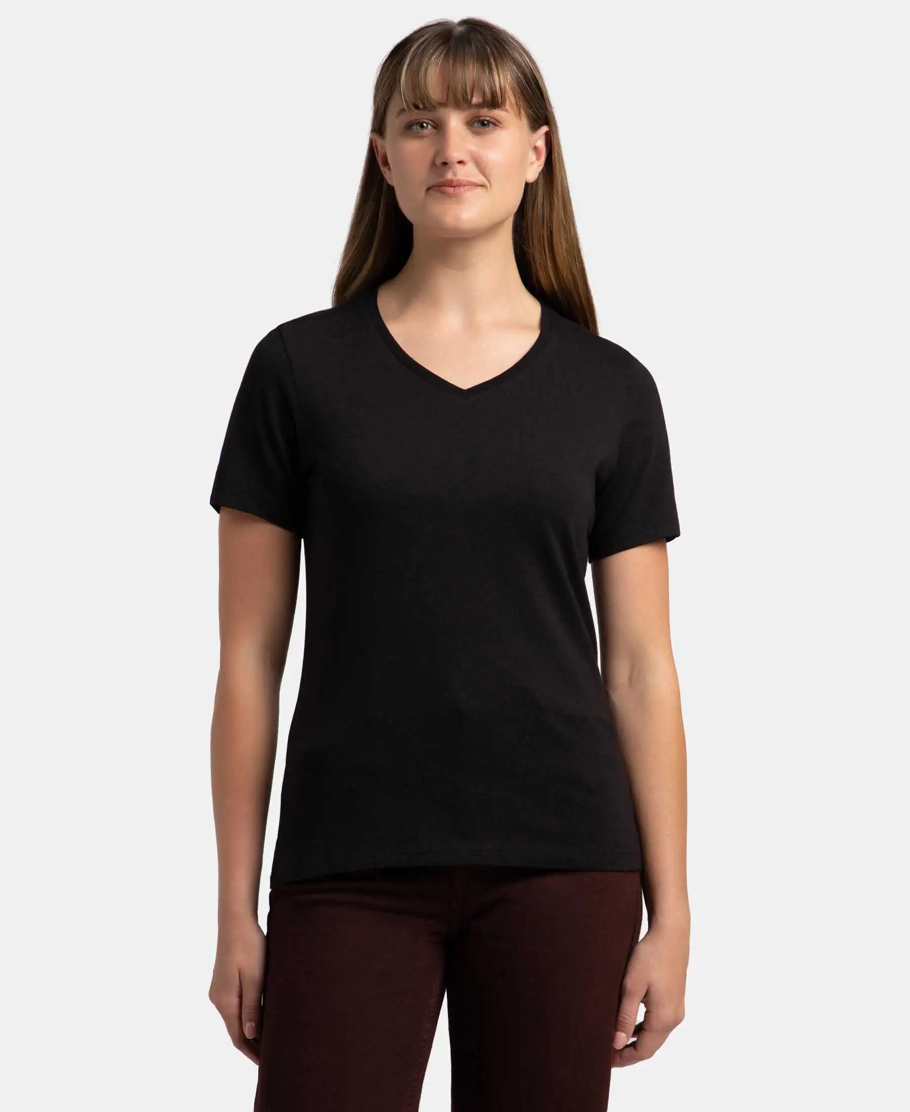 Super Combed Cotton Elastane Stretch Regular Fit Solid V Neck Half Sleeve T-Shirt - Black