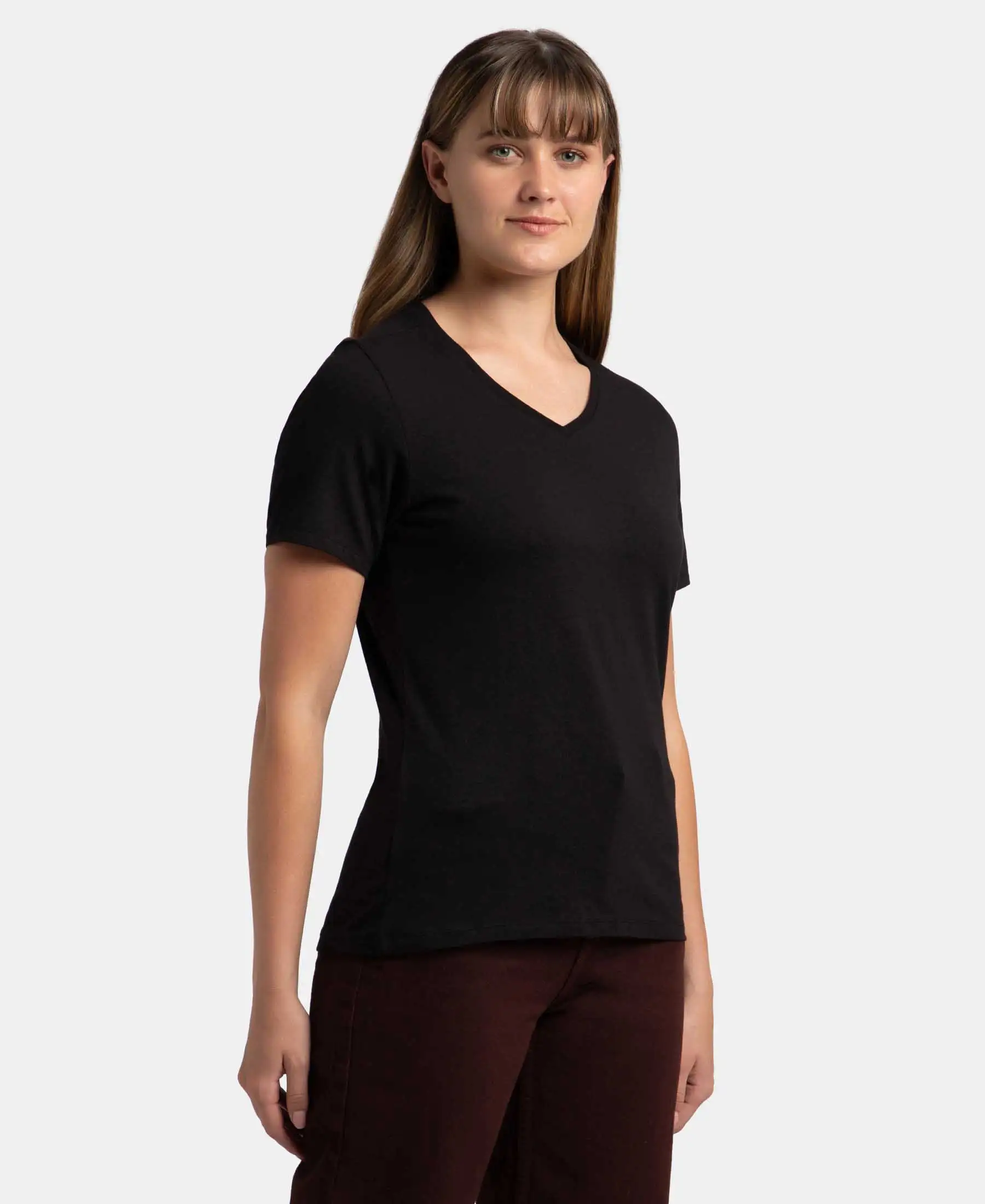 Super Combed Cotton Elastane Stretch Regular Fit Solid V Neck Half Sleeve T-Shirt - Black - Image 2