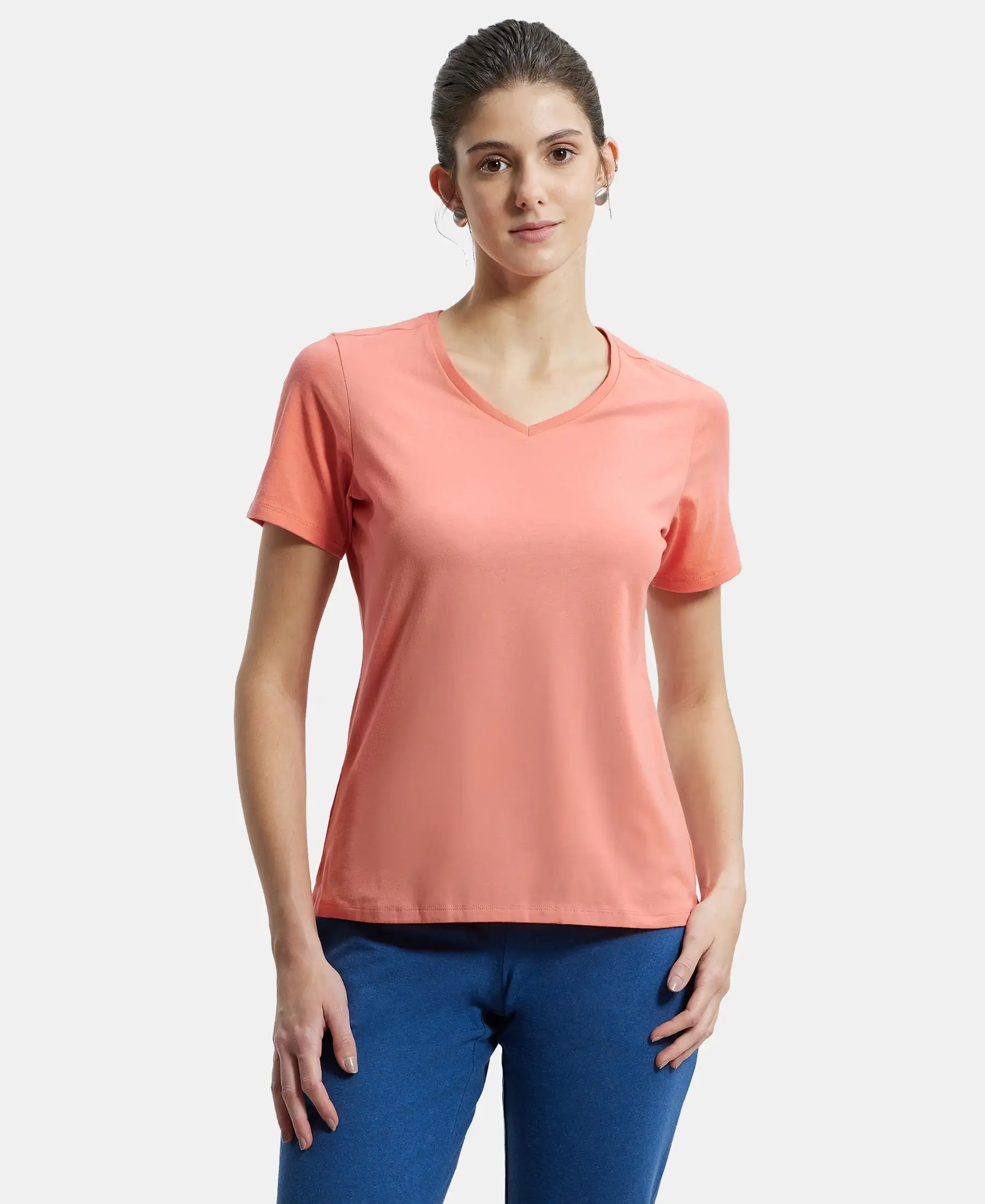 Super Combed Cotton Elastane Stretch Regular Fit Solid V Neck Half Sleeve T-Shirt - Blush Pink