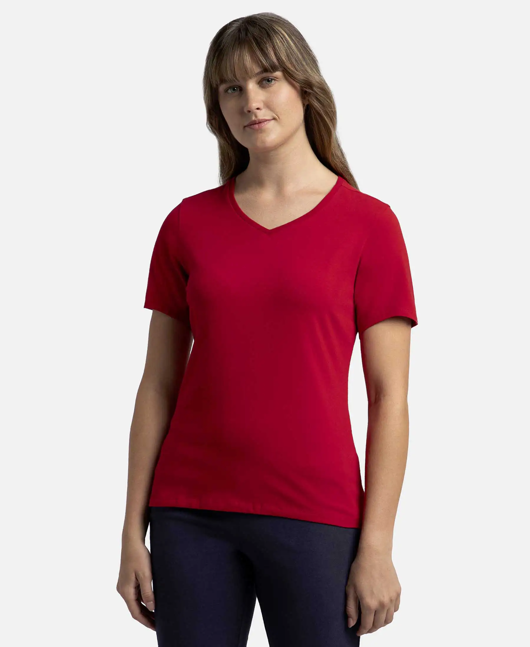 Super Combed Cotton Elastane Stretch Regular Fit Solid V Neck Half Sleeve T-Shirt - Jester Red