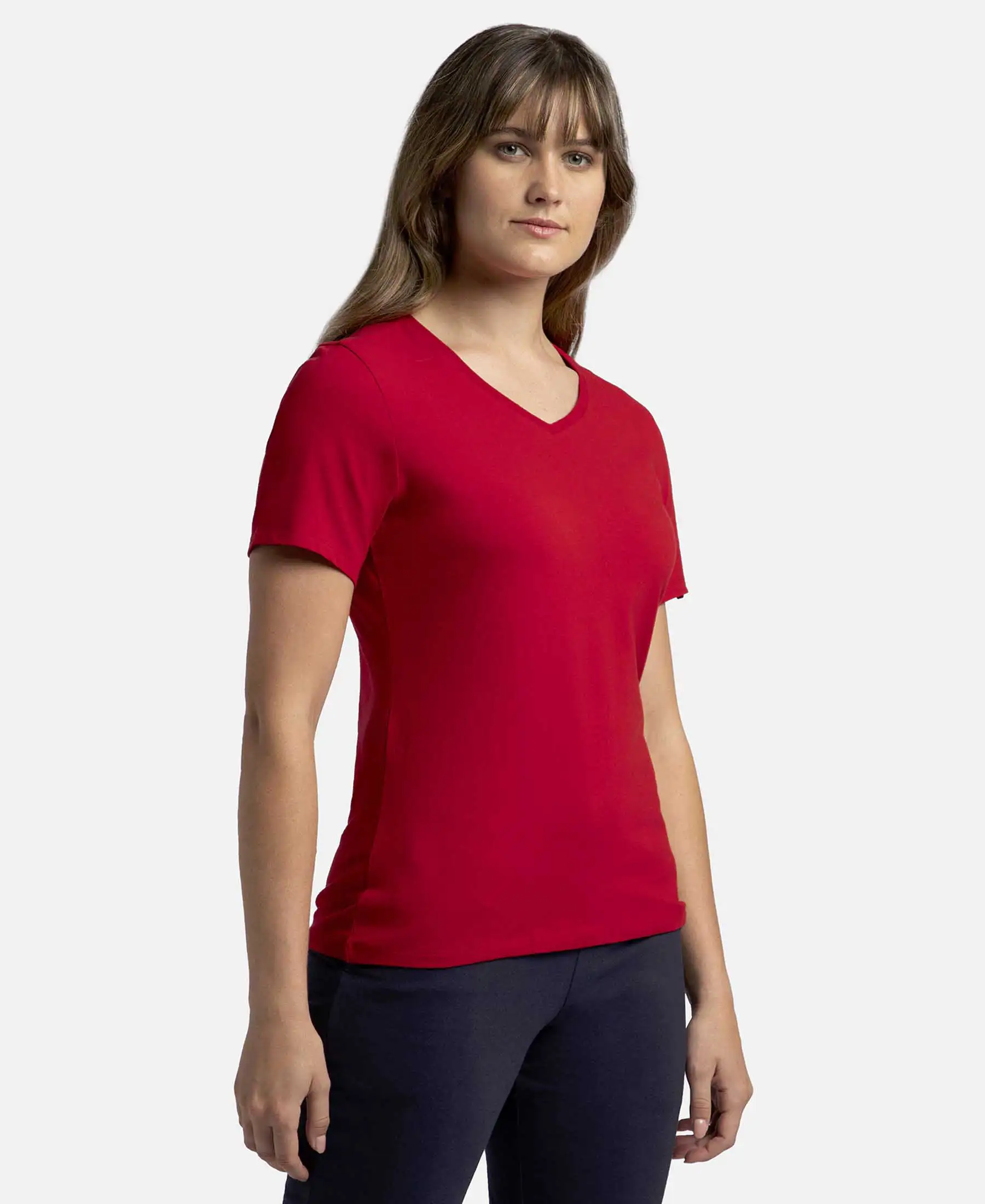Super Combed Cotton Elastane Stretch Regular Fit Solid V Neck Half Sleeve T-Shirt - Jester Red - Image 2