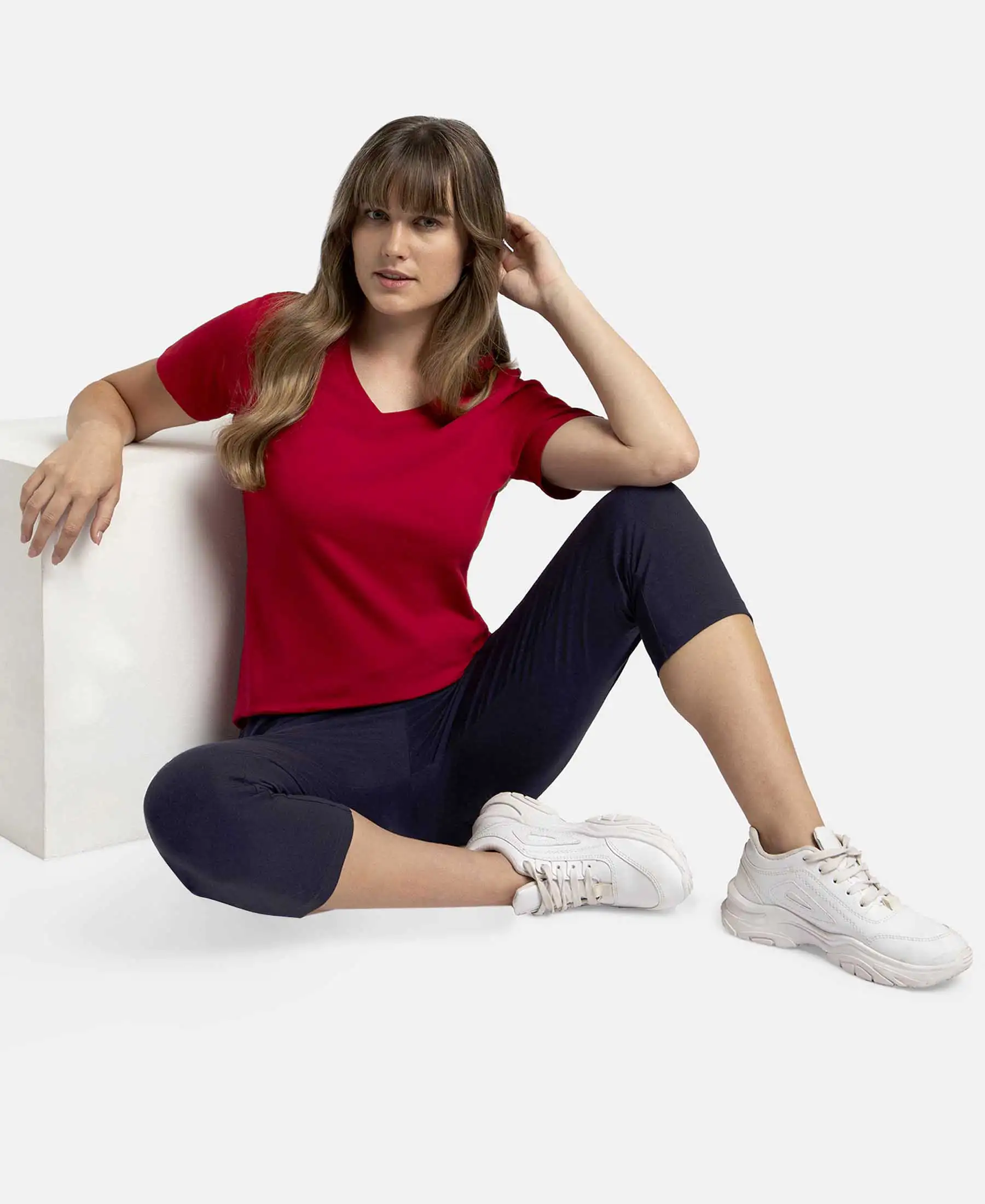 Super Combed Cotton Elastane Stretch Regular Fit Solid V Neck Half Sleeve T-Shirt - Jester Red - Image 6