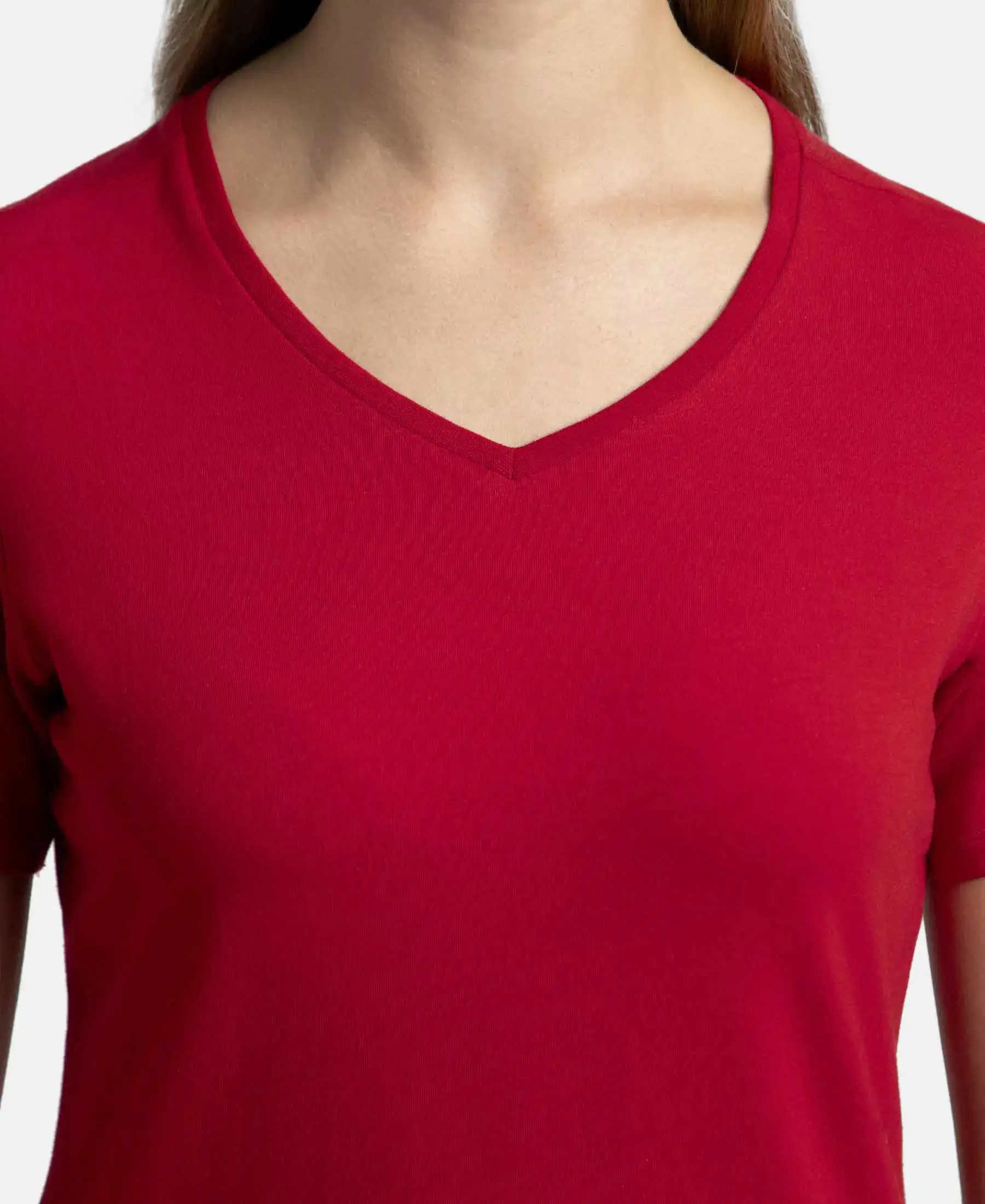 Super Combed Cotton Elastane Stretch Regular Fit Solid V Neck Half Sleeve T-Shirt - Jester Red - Image 7