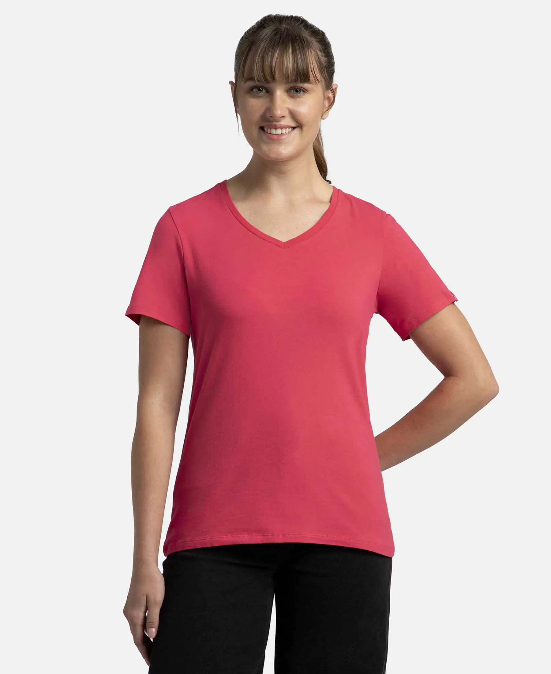 Super Combed Cotton Elastane Stretch Regular Fit Solid V Neck Half Sleeve T-Shirt - Ruby