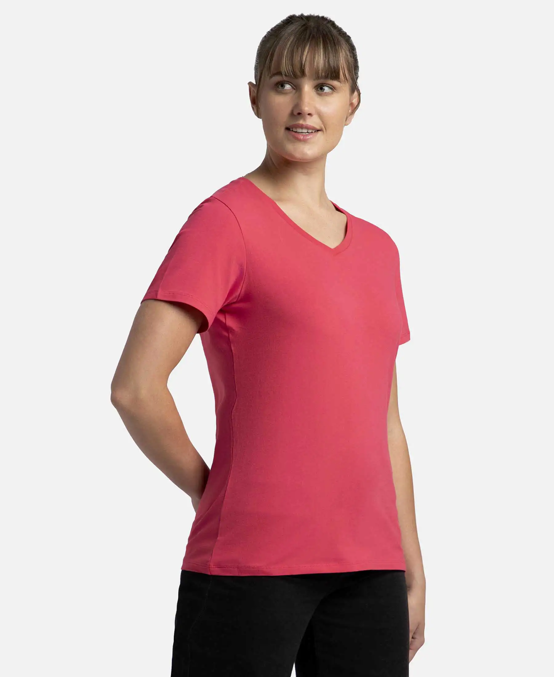 Super Combed Cotton Elastane Stretch Regular Fit Solid V Neck Half Sleeve T-Shirt - Ruby - Image 2