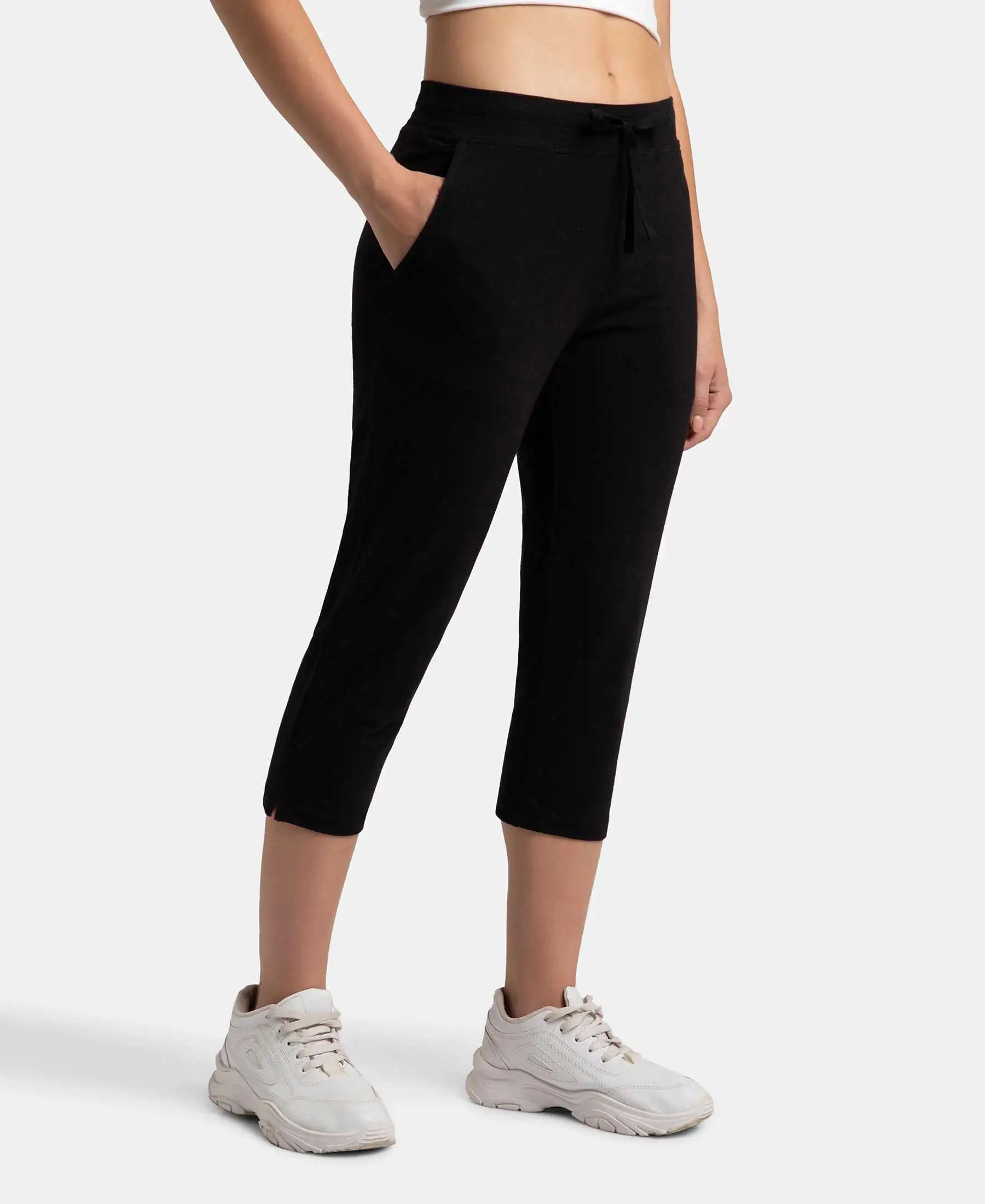 Super Combed Cotton Elastane Stretch Slim Fit Capri with Side Pockets - Black - Image 2