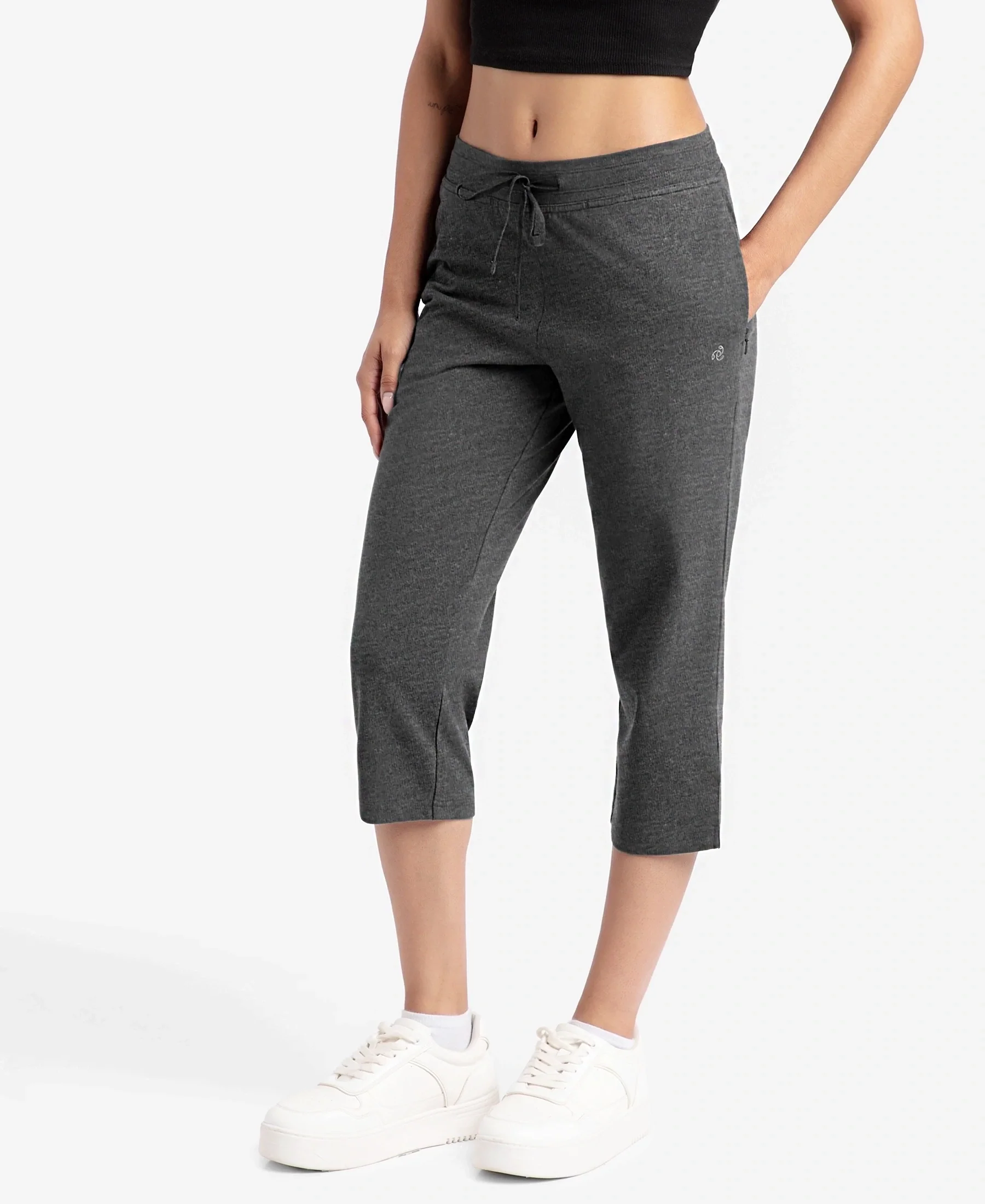 Super Combed Cotton Elastane Stretch Slim Fit Capri with Side Pockets - Charcoal Melange - Image 2