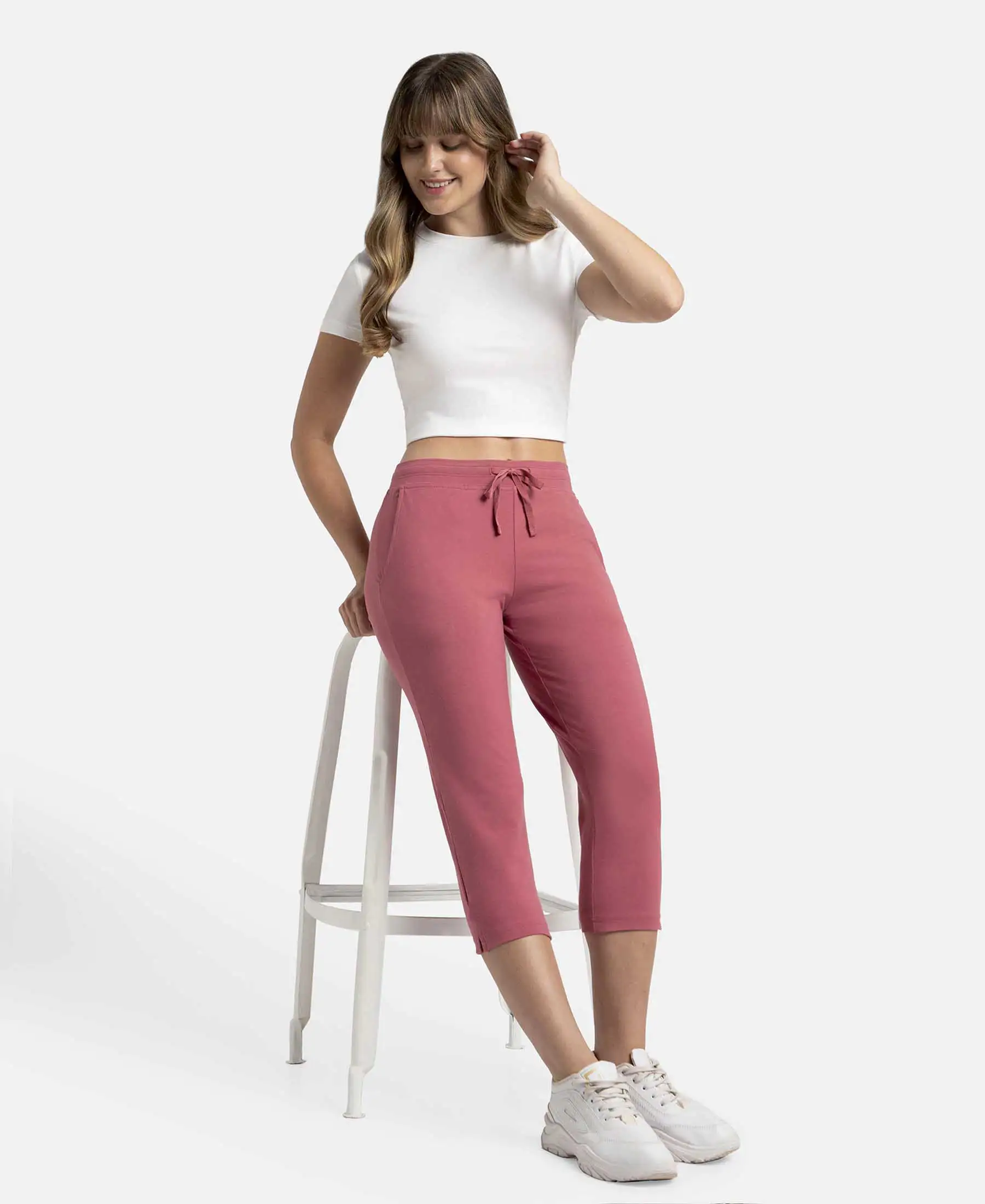 Super Combed Cotton Elastane Stretch Slim Fit Capri with Side Pockets - Rose Wine - Image 6