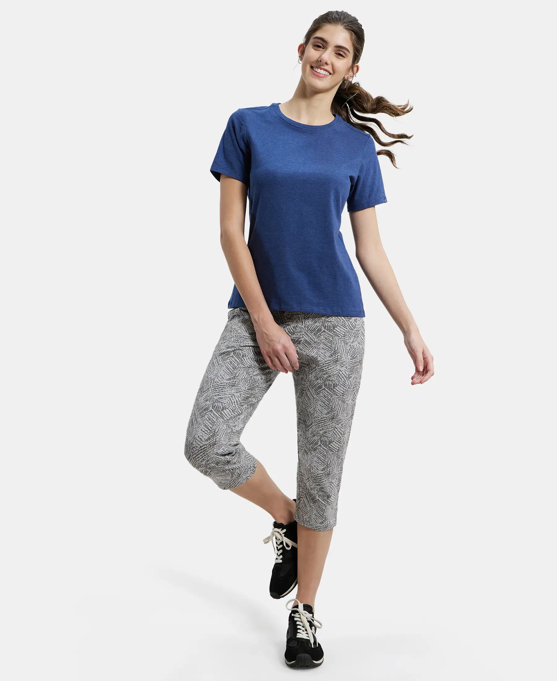 Super Combed Cotton Elastane Stretch Slim Fit Printed Capri with Side Pockets - Light Grey Melange Printed - Image 6
