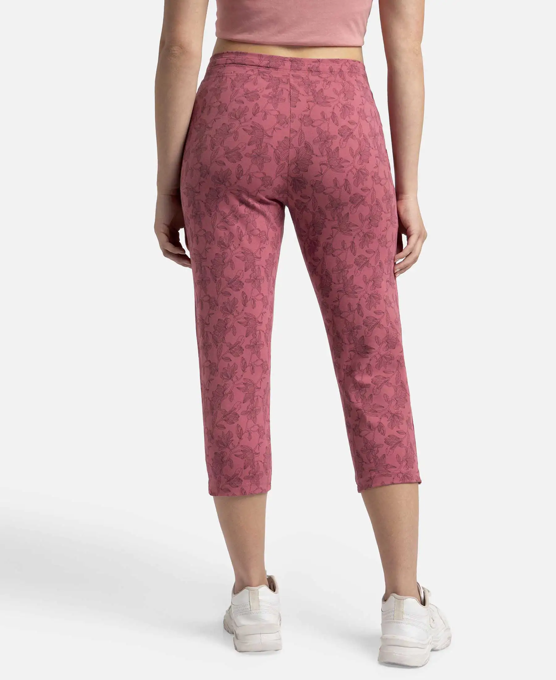 Super Combed Cotton Elastane Stretch Slim Fit Printed Capri with Side Pockets - Rosewine Print - Image 3