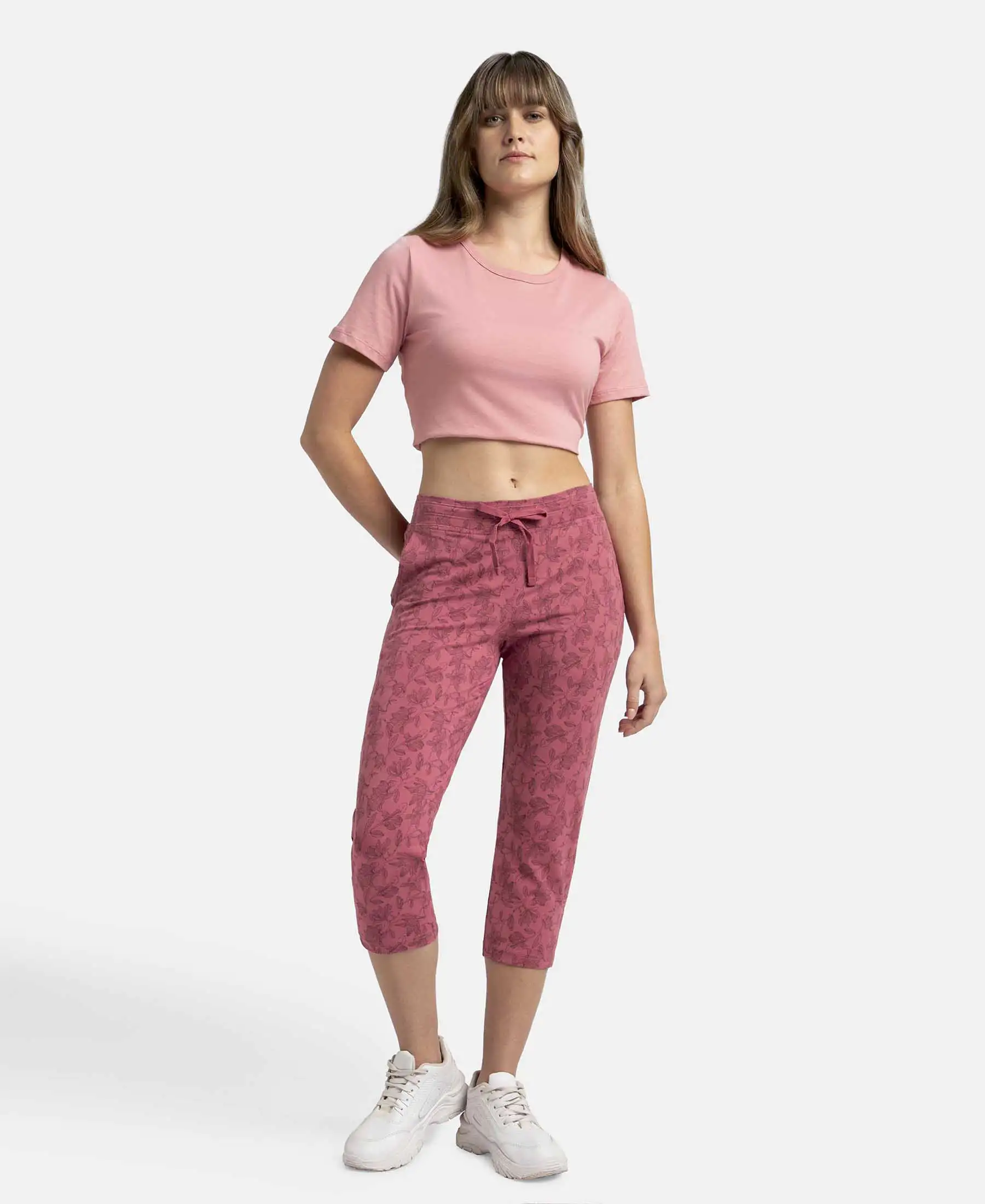 Super Combed Cotton Elastane Stretch Slim Fit Printed Capri with Side Pockets - Rosewine Print - Image 4