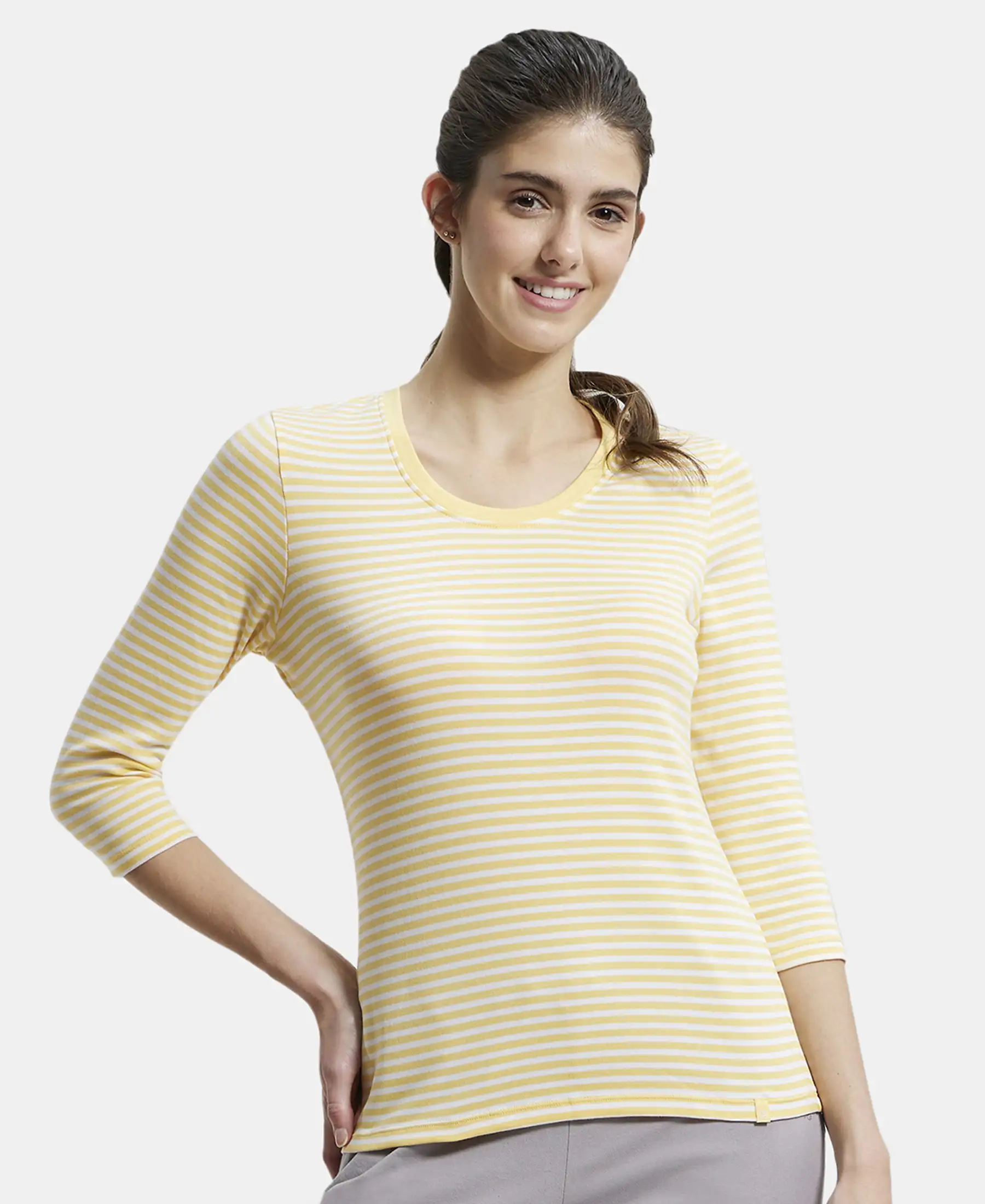 Super Combed Cotton Elastane Stretch Slim Fit Striped Round Neck Three Quarter Sleeve T-Shirt - Banana Cream & White - Image 5