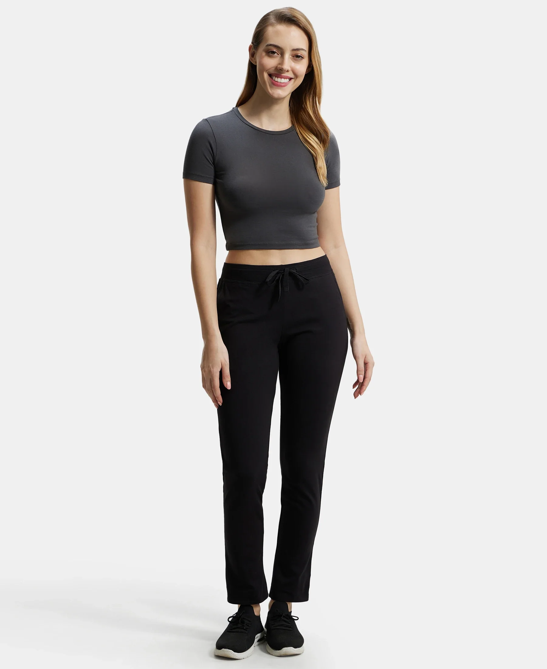 Super Combed Cotton Elastane Stretch Slim Fit Trackpants With Side Pockets - Black - Image 4