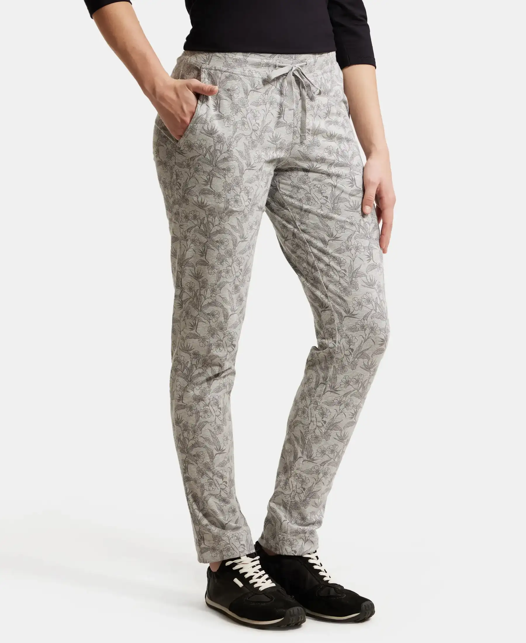 Super Combed Cotton Elastane Stretch Slim Fit Trackpants With Side Pockets - Lt Grey Melange Printed - Image 2