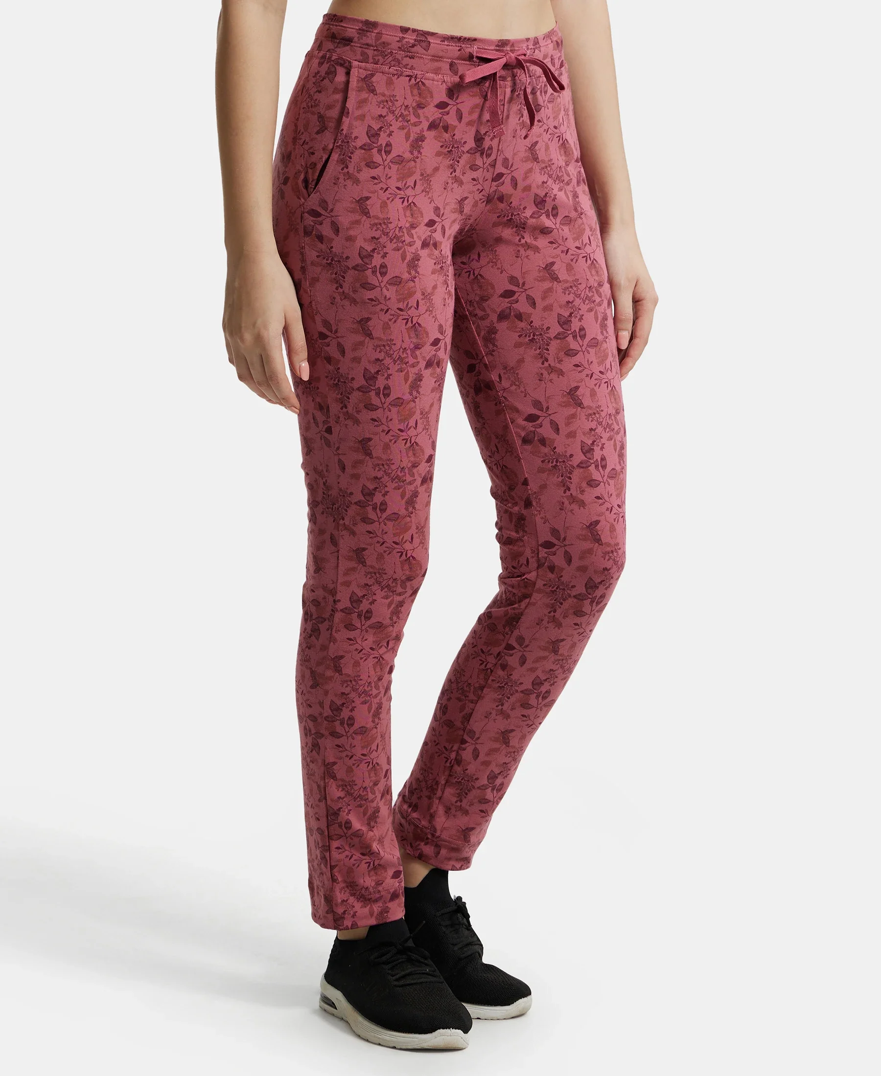 Super Combed Cotton Elastane Stretch Slim Fit Trackpants With Side Pockets - Rosewine Print - Image 2
