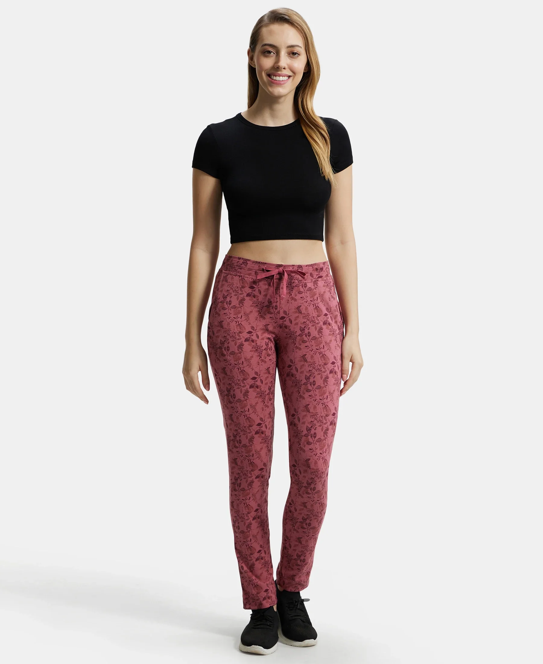 Super Combed Cotton Elastane Stretch Slim Fit Trackpants With Side Pockets - Rosewine Print - Image 4