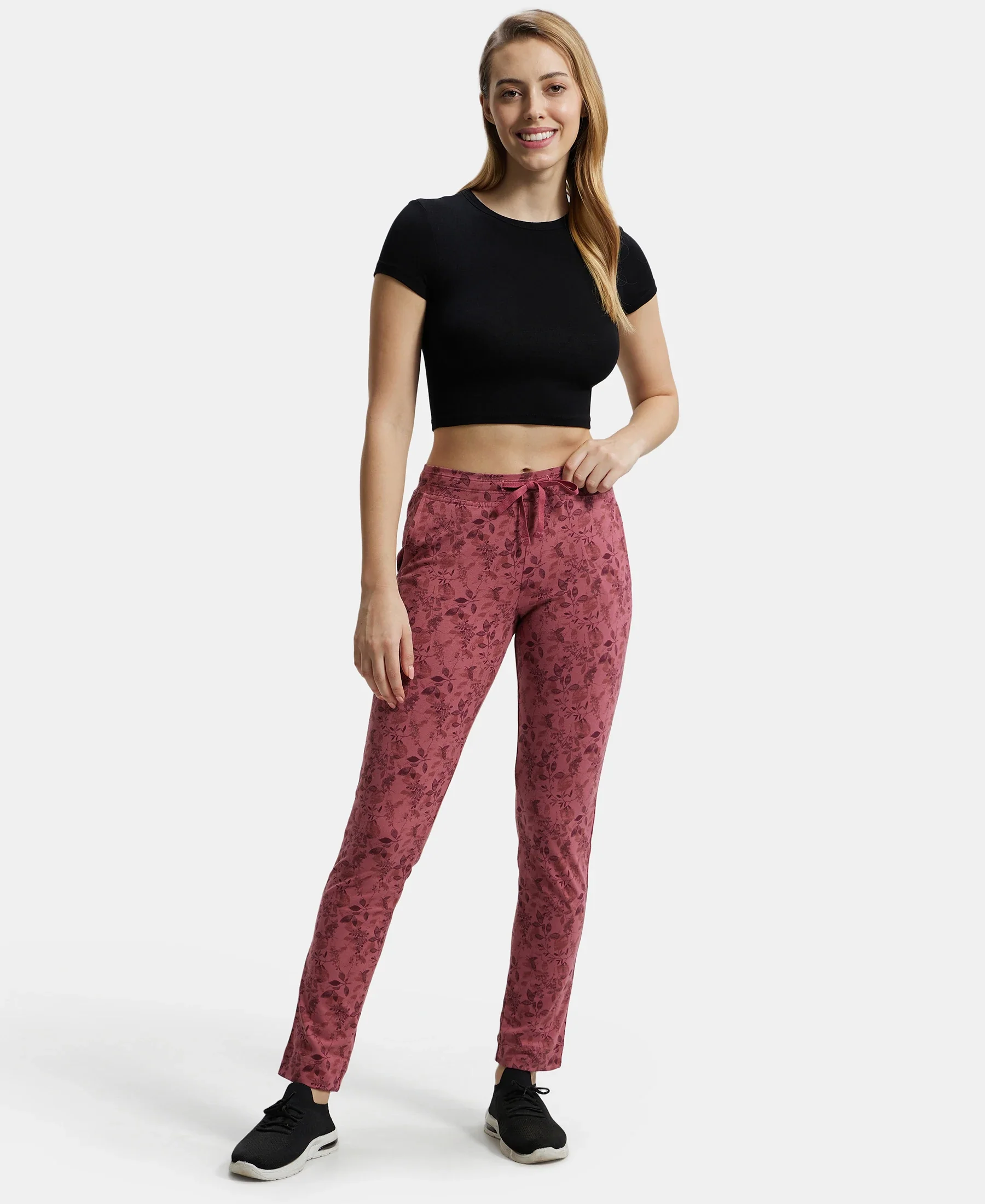 Super Combed Cotton Elastane Stretch Slim Fit Trackpants With Side Pockets - Rosewine Print - Image 5