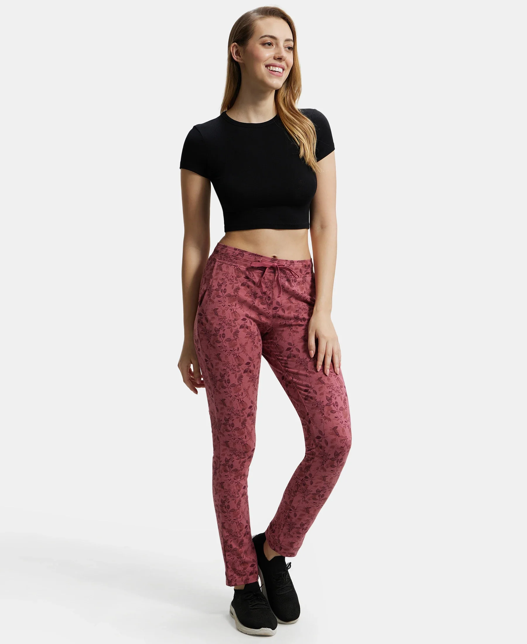 Super Combed Cotton Elastane Stretch Slim Fit Trackpants With Side Pockets - Rosewine Print - Image 6