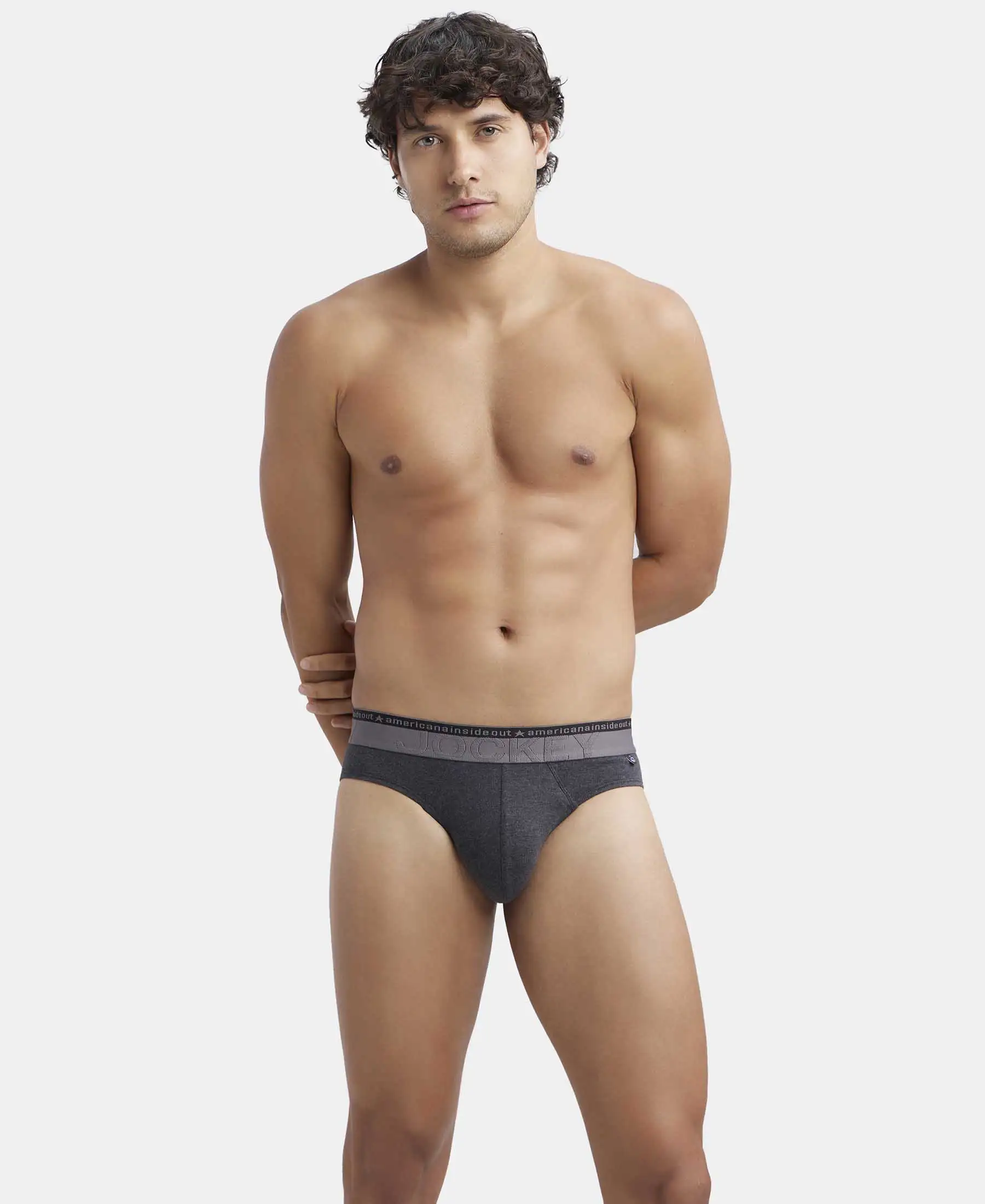Super Combed Cotton Elastane Stretch Solid Brief with Ultrasoft Waistband - Black Melange - Image 5