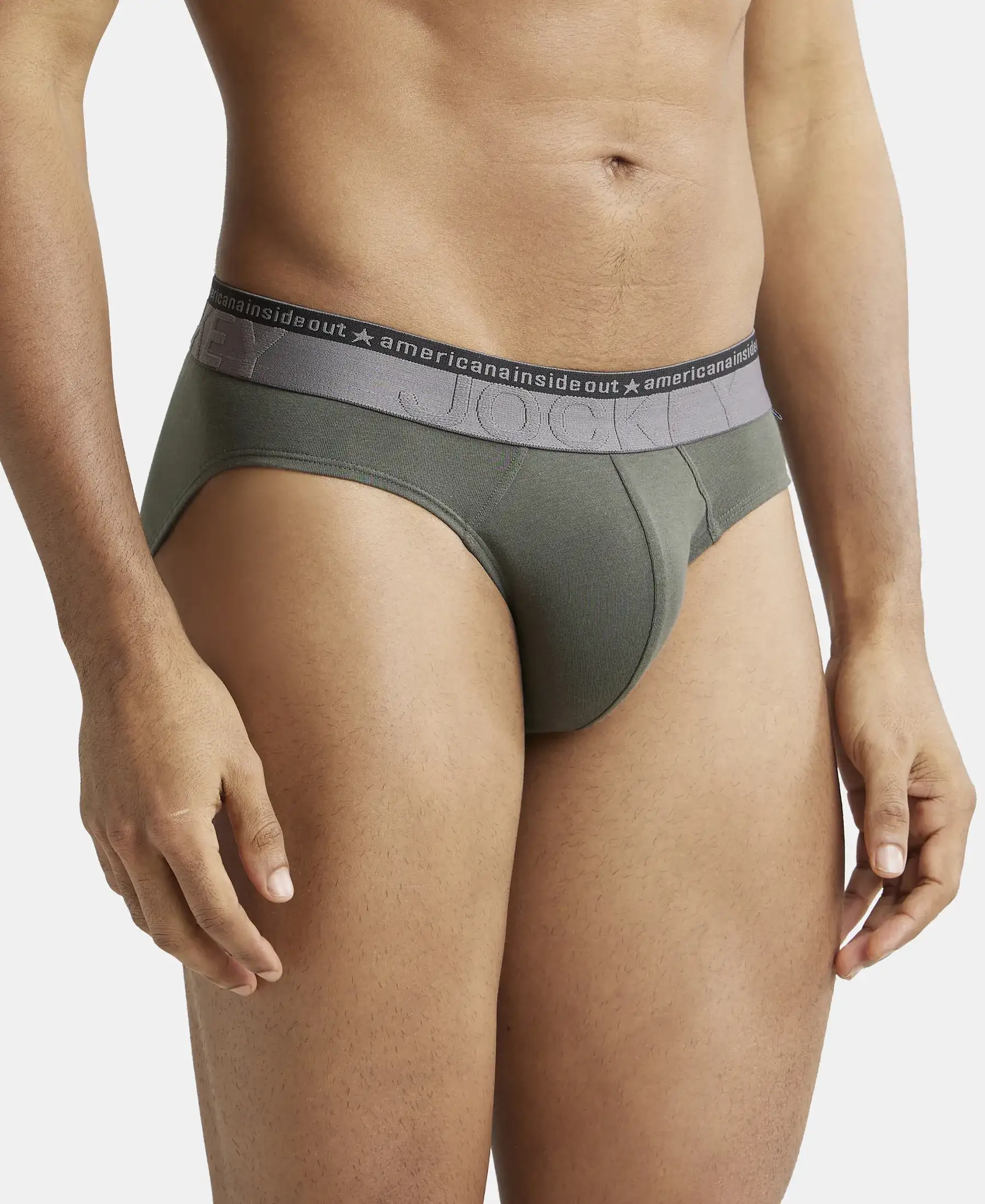 Super Combed Cotton Elastane Stretch Solid Brief with Ultrasoft Waistband - Deep Olive (Pack of 2) - Image 2