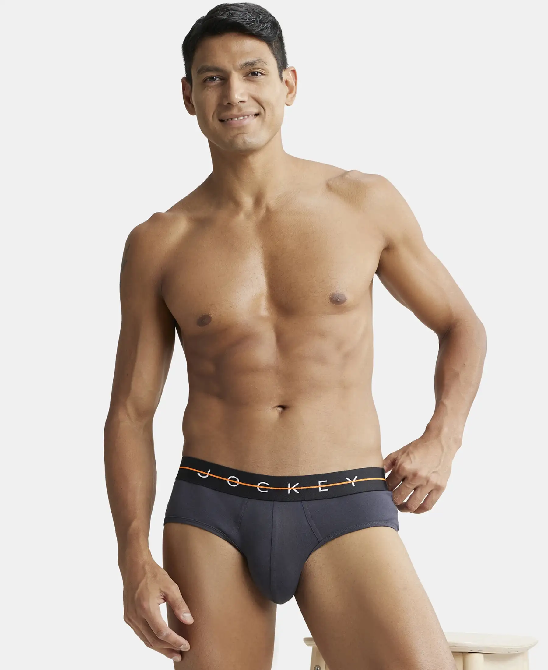 Super Combed Cotton Elastane Stretch Solid Brief with Ultrasoft Waistband - Graphite - Image 5