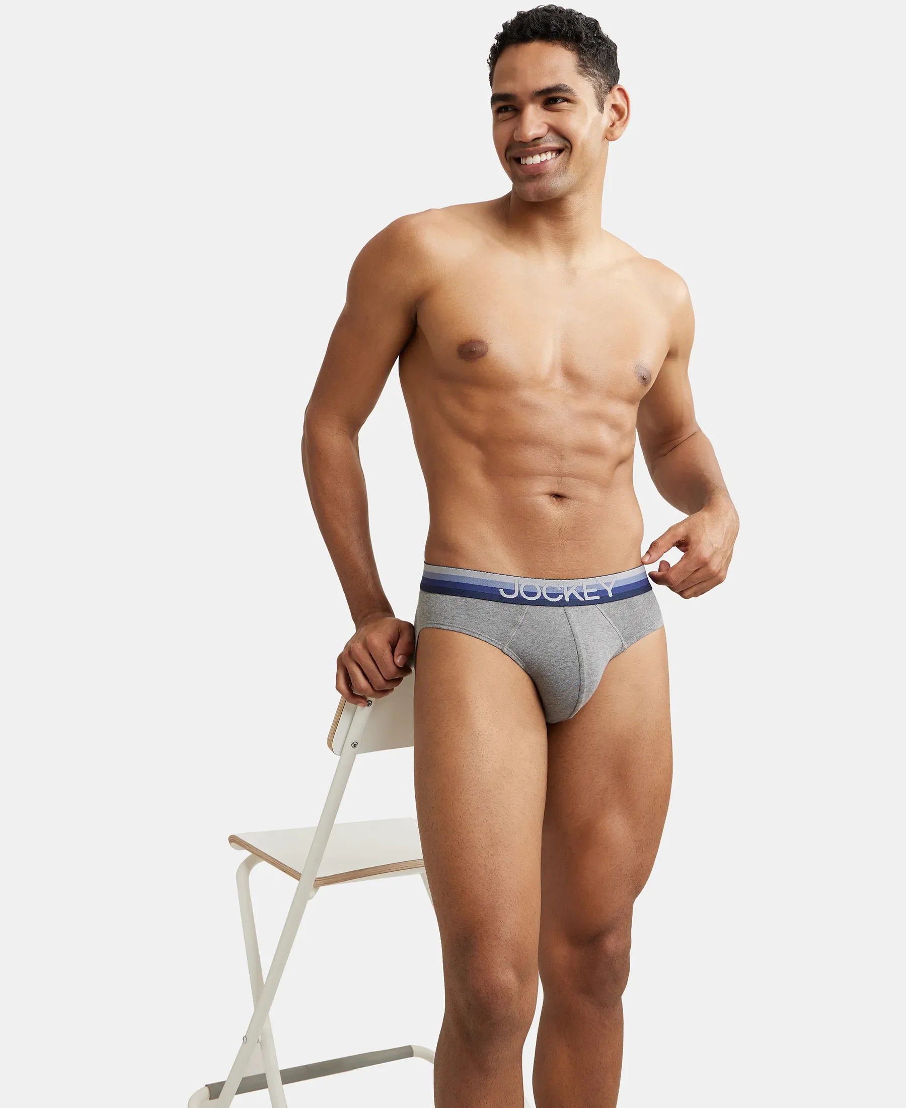 Super Combed Cotton Elastane Stretch Solid Brief with Ultrasoft Waistband - Mid Grey Melange - Image 6