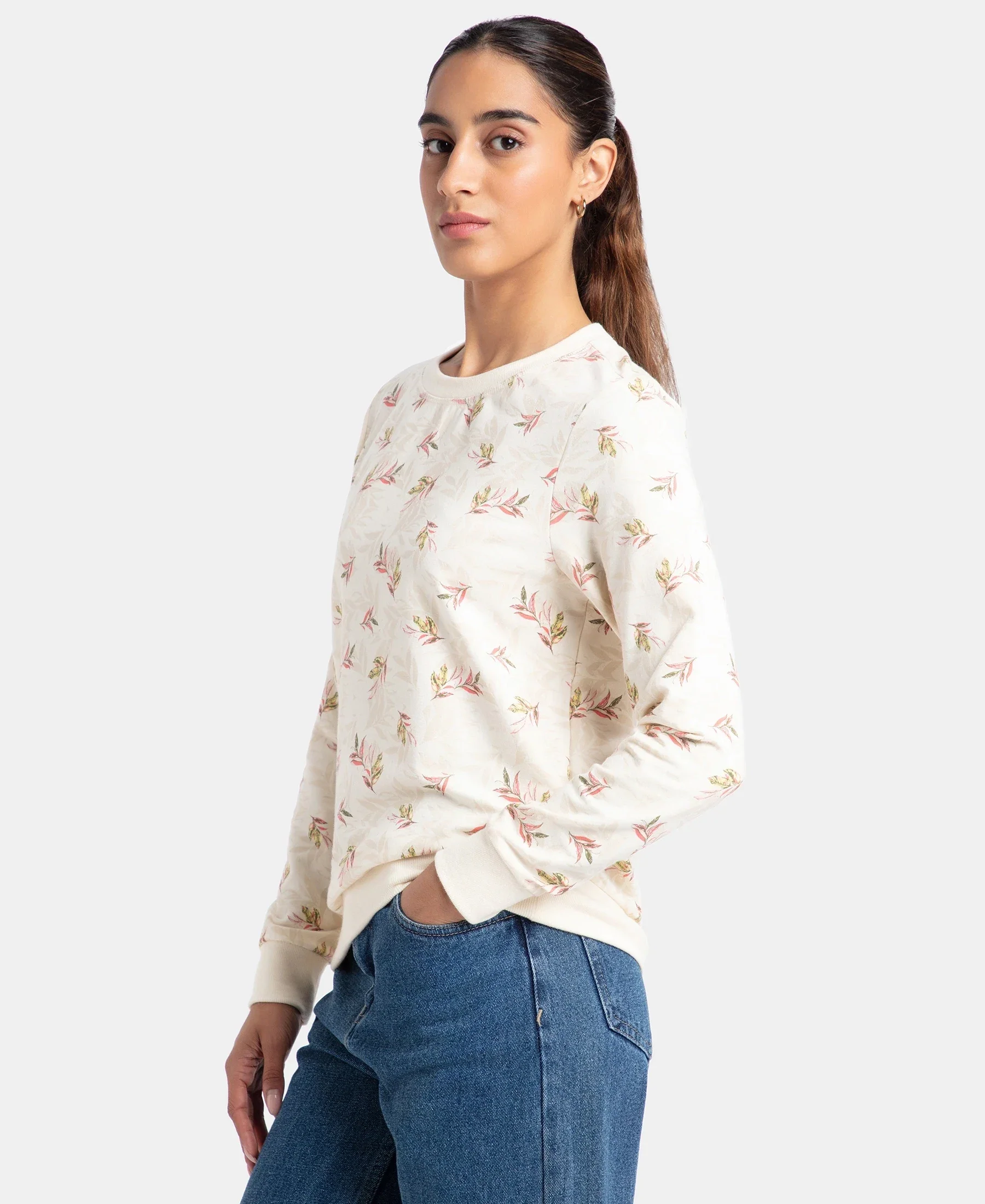 Super Combed Cotton Elastane Stretch French Terry Fabric Printed Sweatshirt with Ribbed Cuffs - Antique White - Image 2