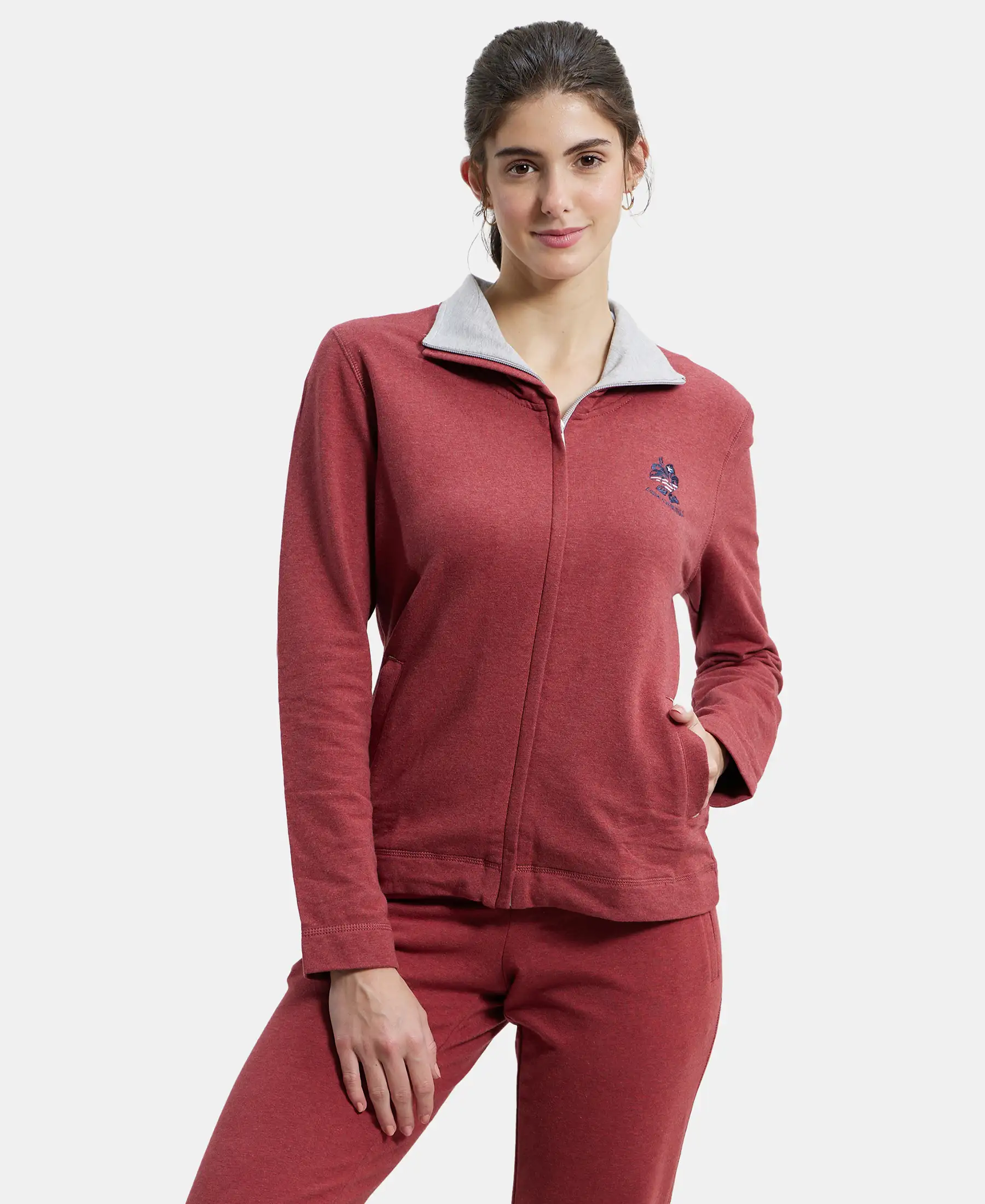 Super Combed Cotton Elastane Stretch Full Zip High Neck Jacket With Convenient Front Pockets - Rust Red Melange