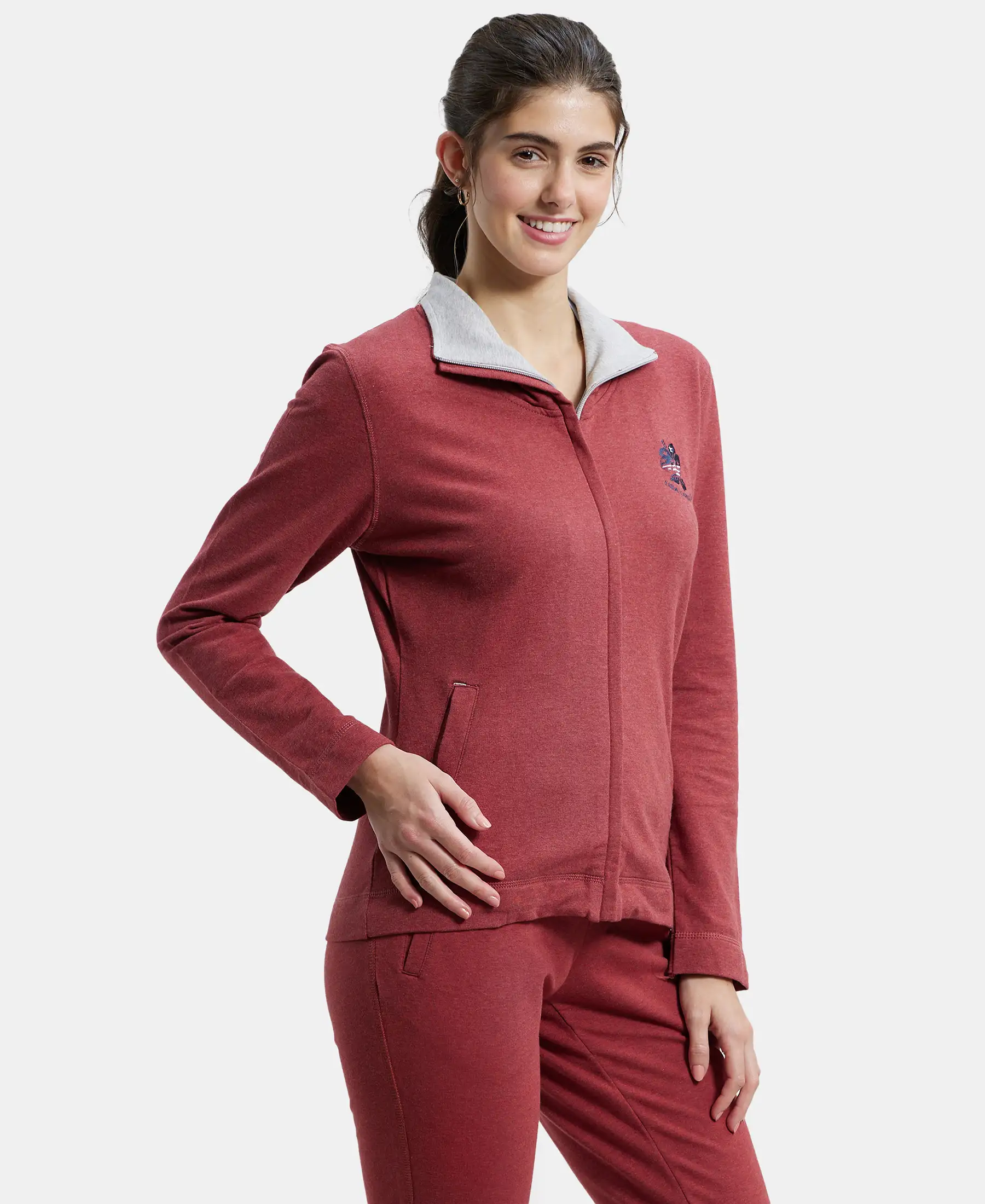 Super Combed Cotton Elastane Stretch Full Zip High Neck Jacket With Convenient Front Pockets - Rust Red Melange - Image 2