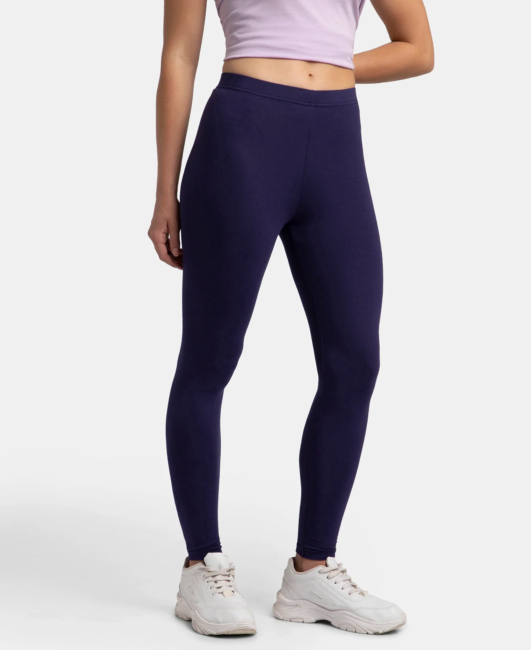 Super Combed Cotton Elastane Stretch Leggings with Ultrasoft Waistband - Blue - Image 2