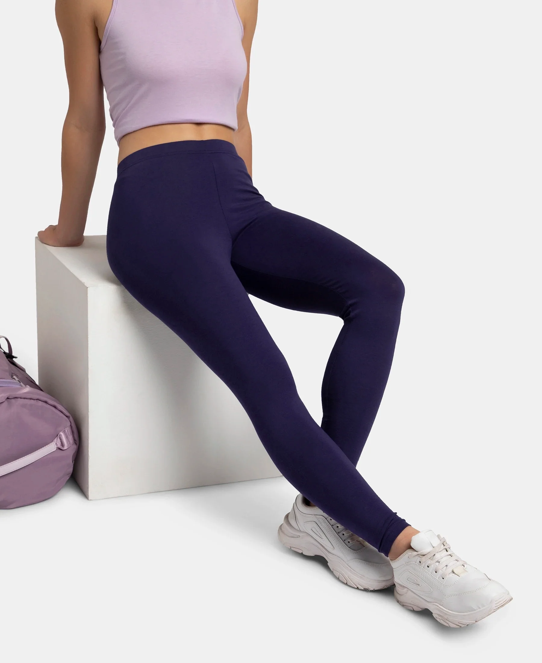 Super Combed Cotton Elastane Stretch Leggings with Ultrasoft Waistband - Blue - Image 5
