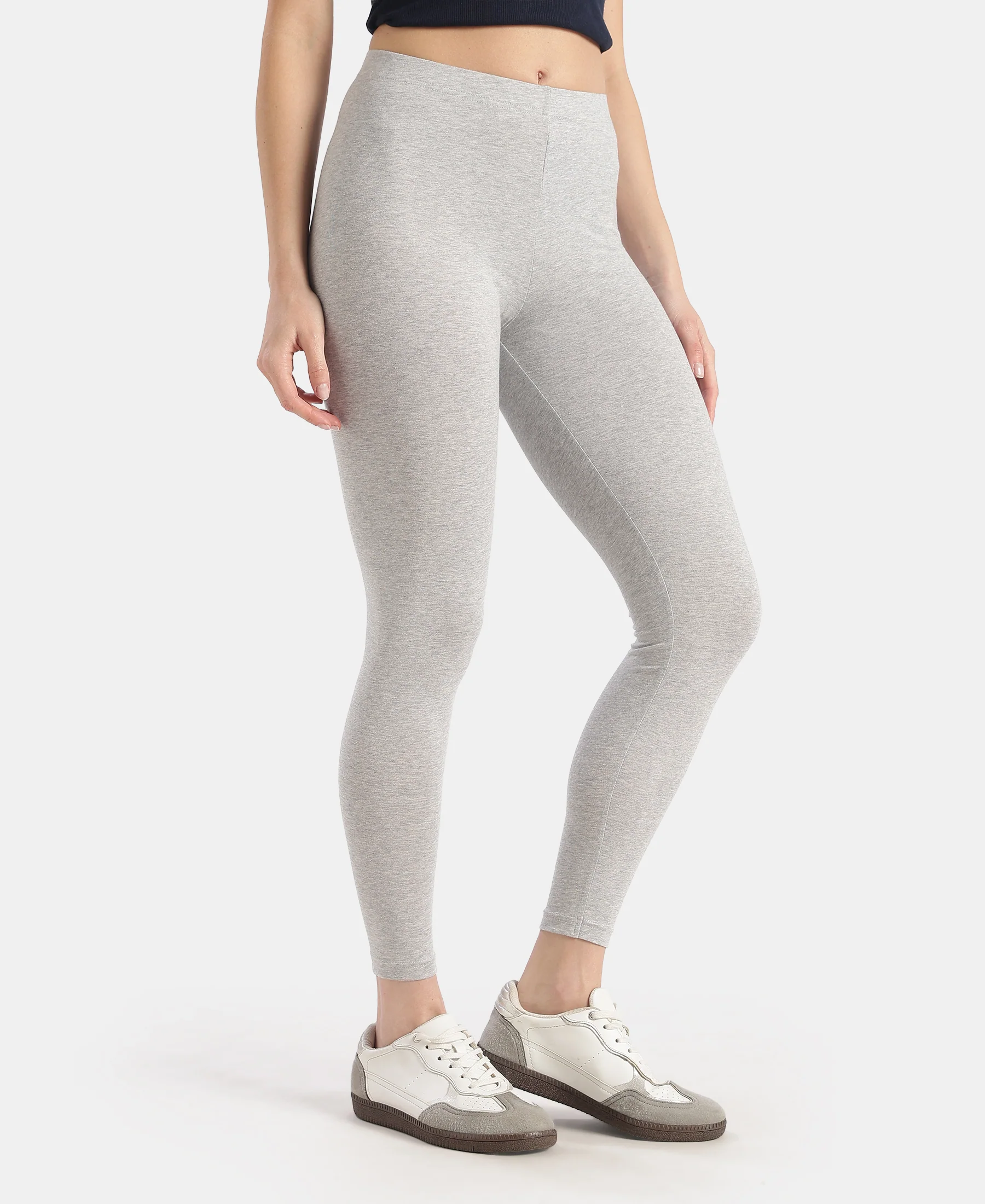 Super Combed Cotton Elastane Stretch Leggings with Ultrasoft Waistband - Light Grey Melange - Image 2