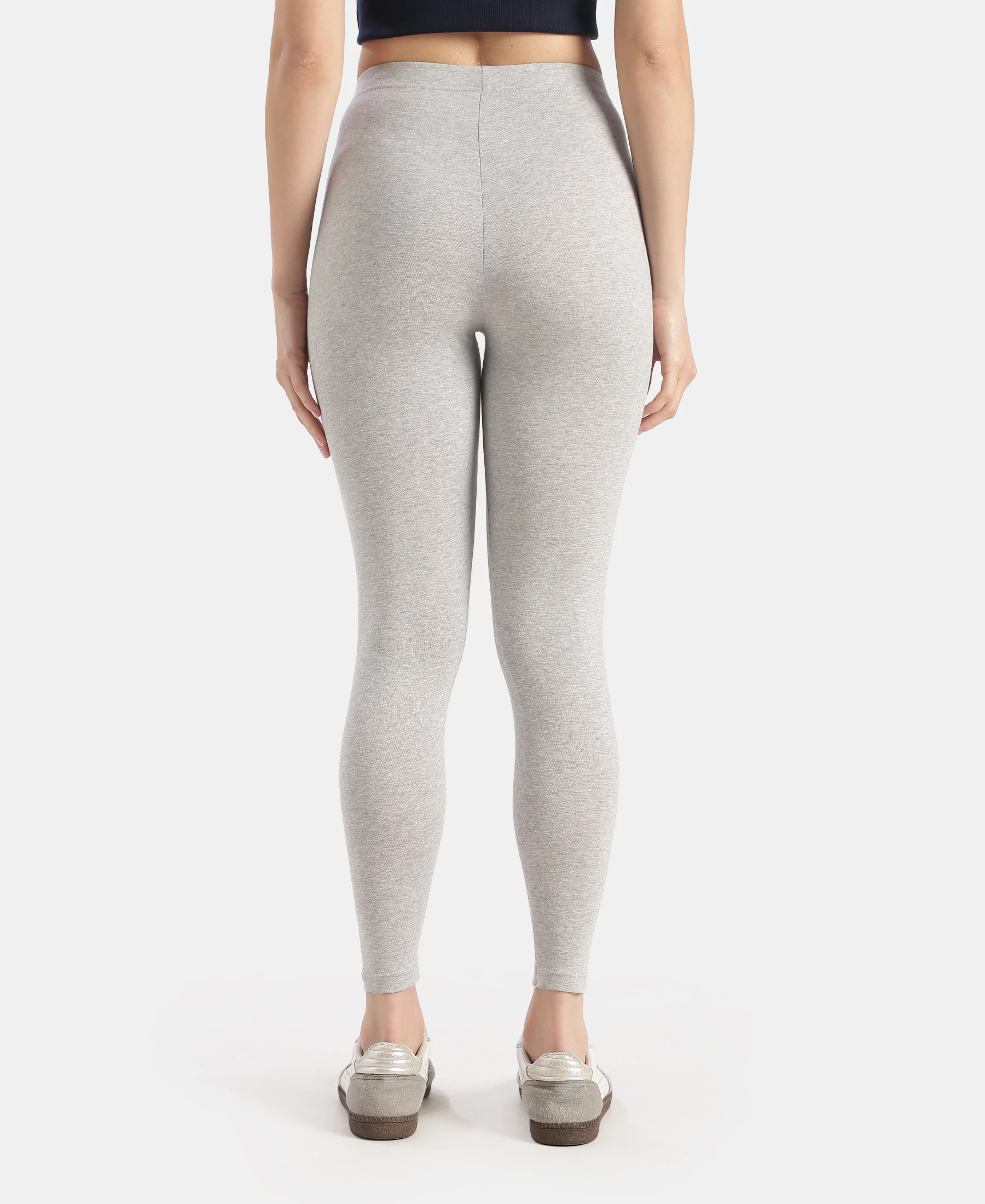 Super Combed Cotton Elastane Stretch Leggings with Ultrasoft Waistband - Light Grey Melange - Image 3