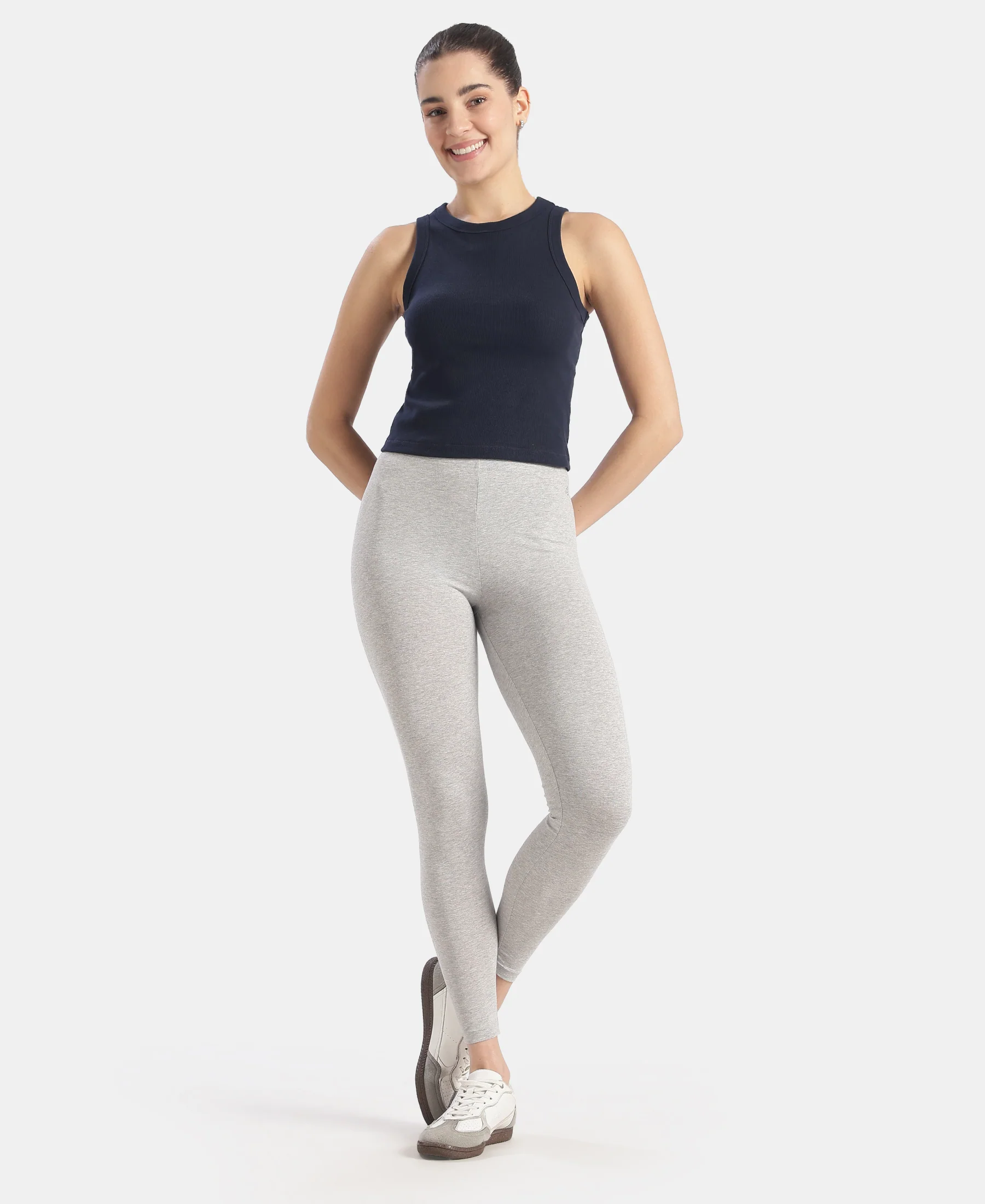 Super Combed Cotton Elastane Stretch Leggings with Ultrasoft Waistband - Light Grey Melange - Image 4