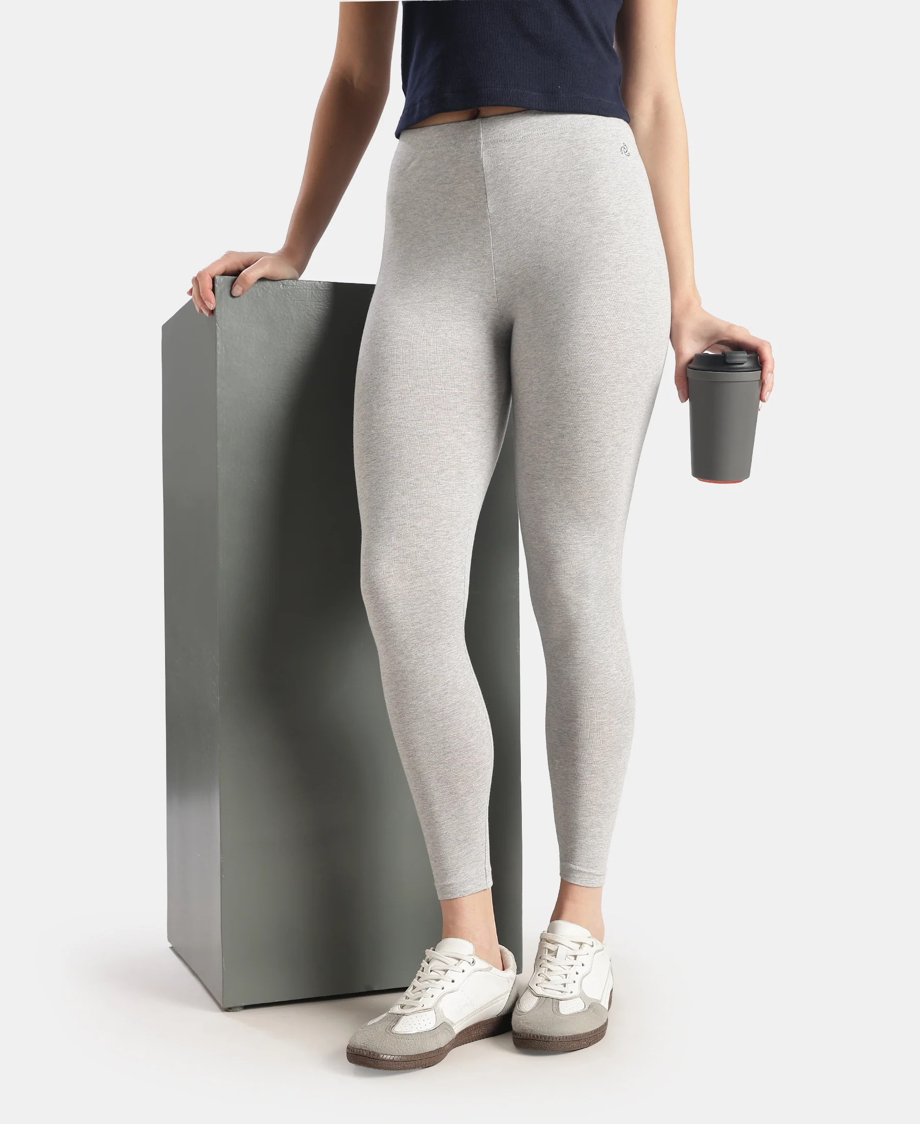 Super Combed Cotton Elastane Stretch Leggings with Ultrasoft Waistband - Light Grey Melange - Image 5
