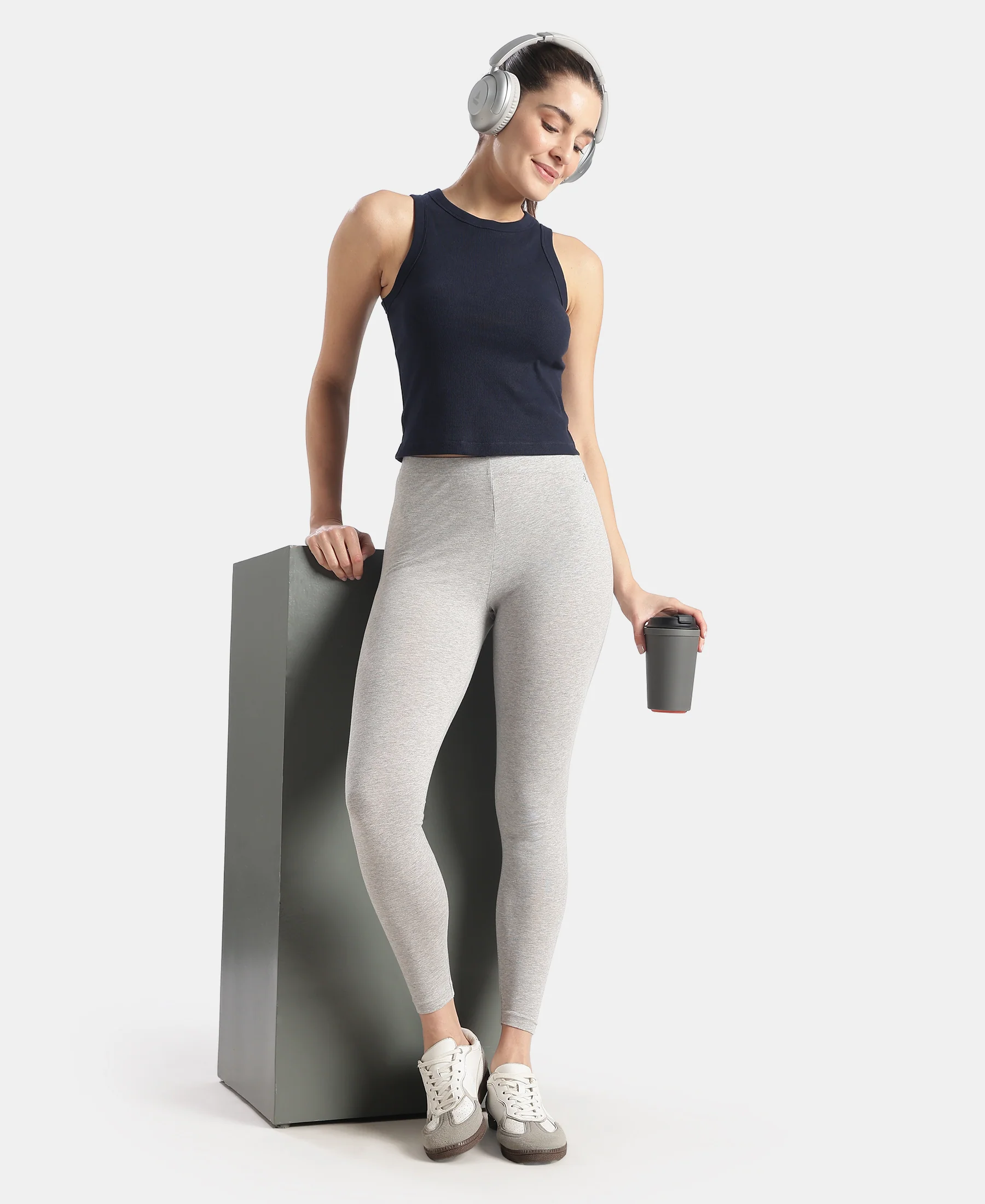Super Combed Cotton Elastane Stretch Leggings with Ultrasoft Waistband - Light Grey Melange - Image 6