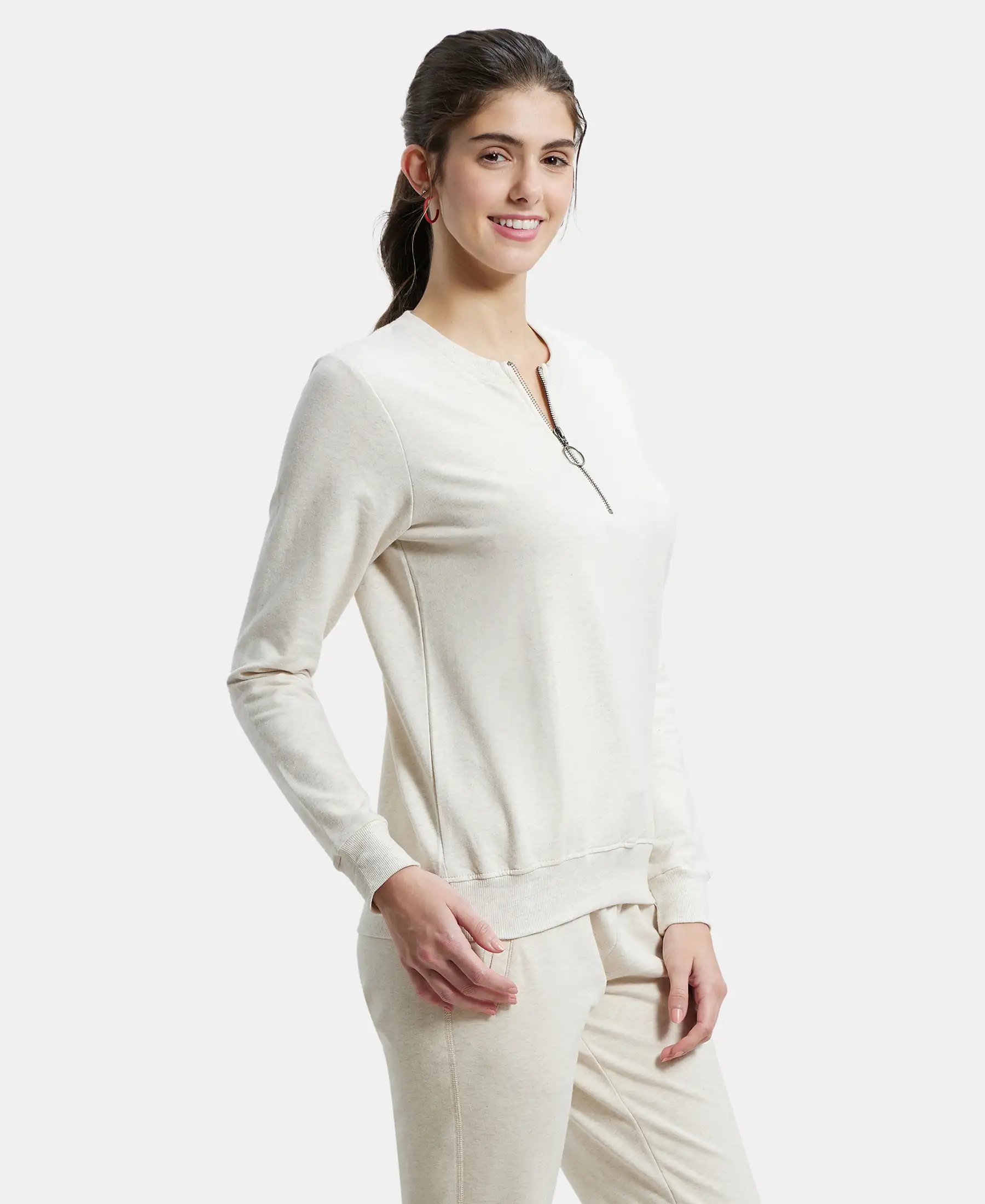 Super Combed Cotton Elastane Stretch Melange Sweatshirt with Round Neck Half Zip - Cream Melange - Image 2