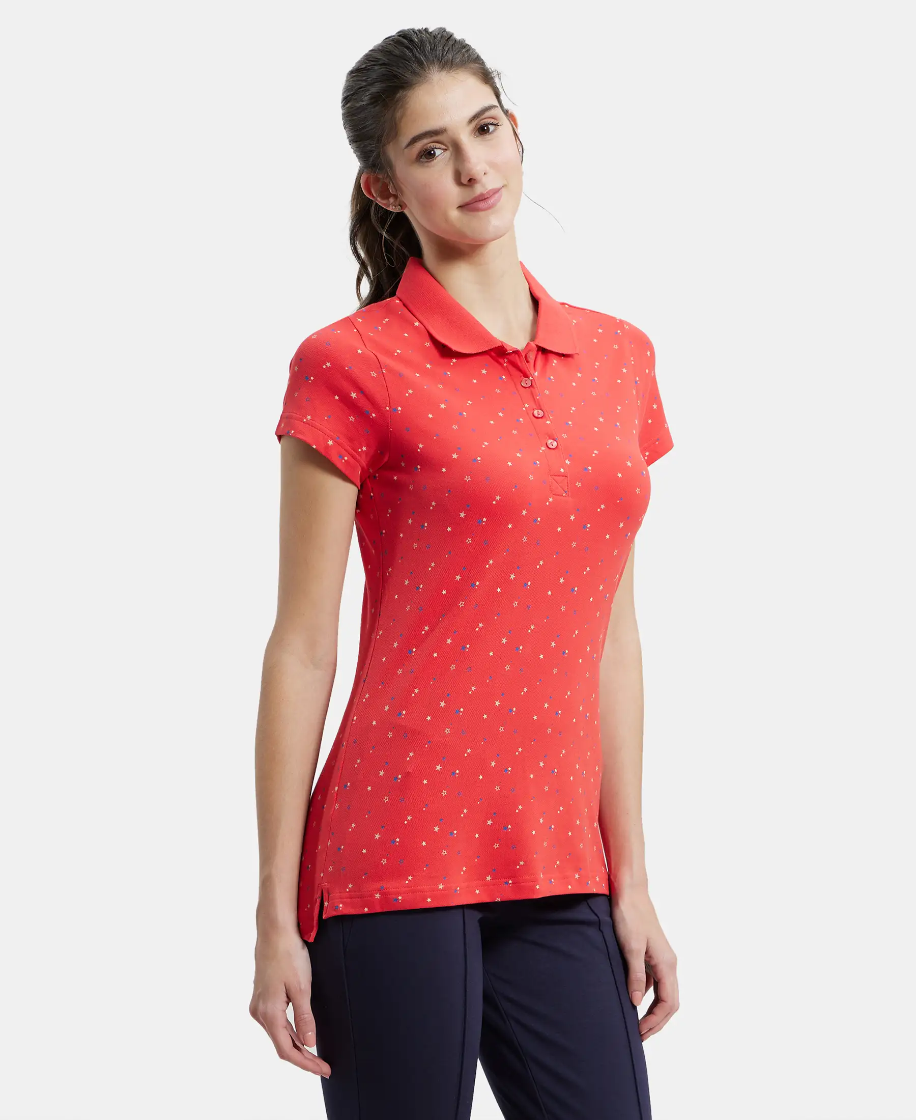 Super Combed Cotton Elastane Stretch Pique Fabric Regular Fit Printed Half Sleeve Polo T-Shirt - Hibiscus Assorted Prints - Image 2