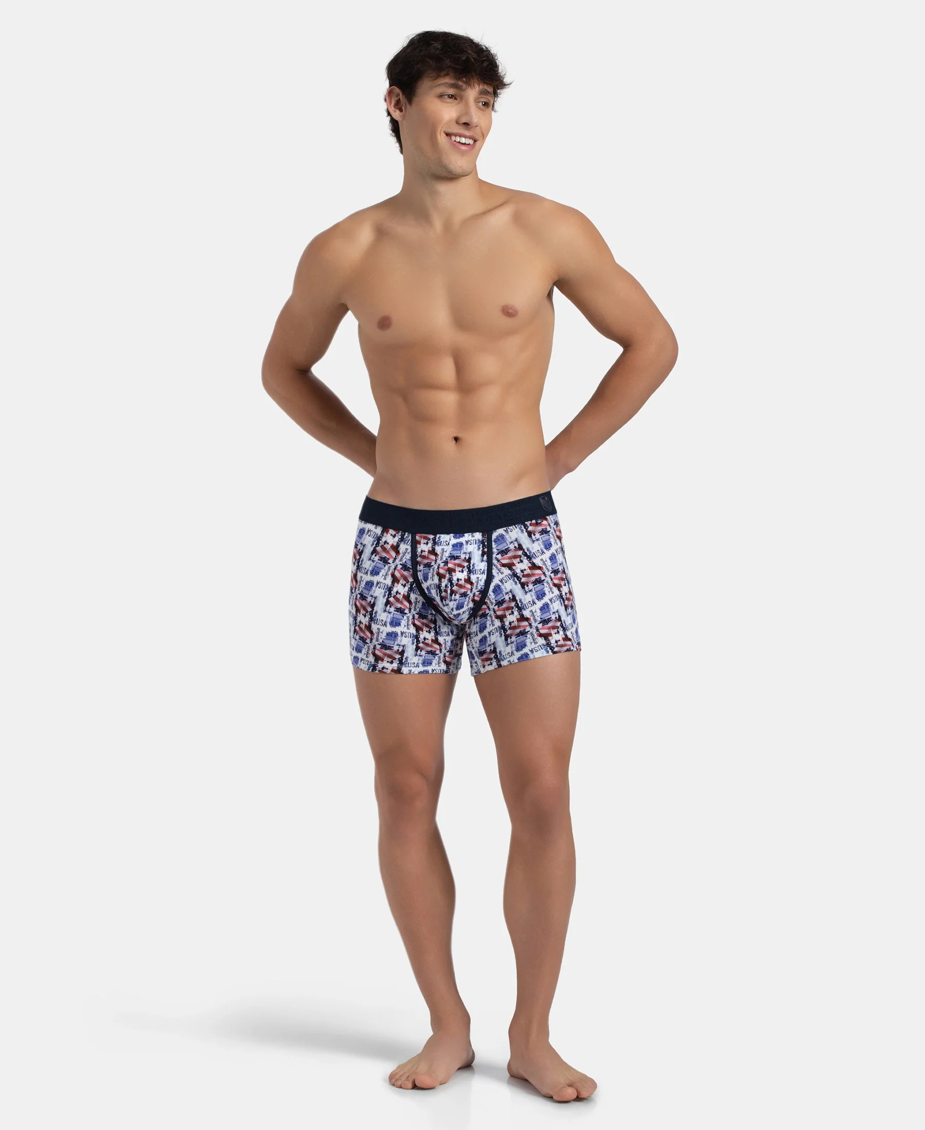 Super Combed Cotton Elastane Stretch Printed Trunk with Ultrasoft Waistband - White & Navy - Image 4