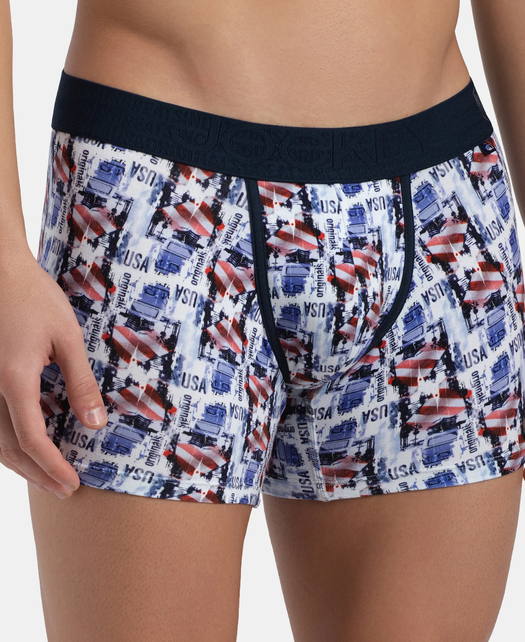 Super Combed Cotton Elastane Stretch Printed Trunk with Ultrasoft Waistband - White & Navy - Image 5