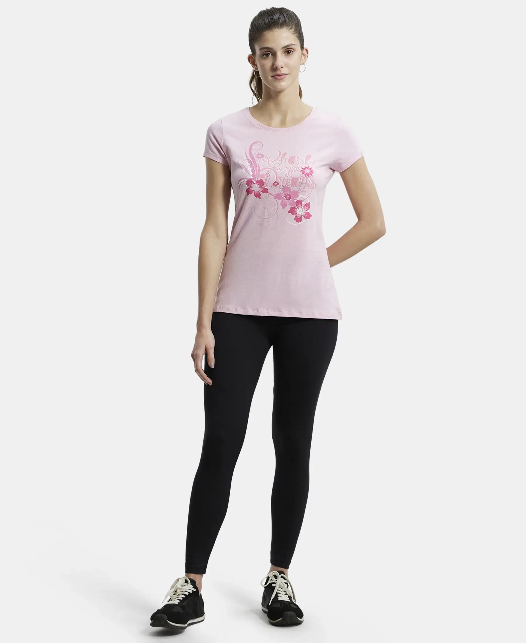 Super Combed Cotton Elastane Stretch Regular Fit Graphic Printed Round Neck Half Sleeve T-Shirt - Pink lady melange print048 - Image 4