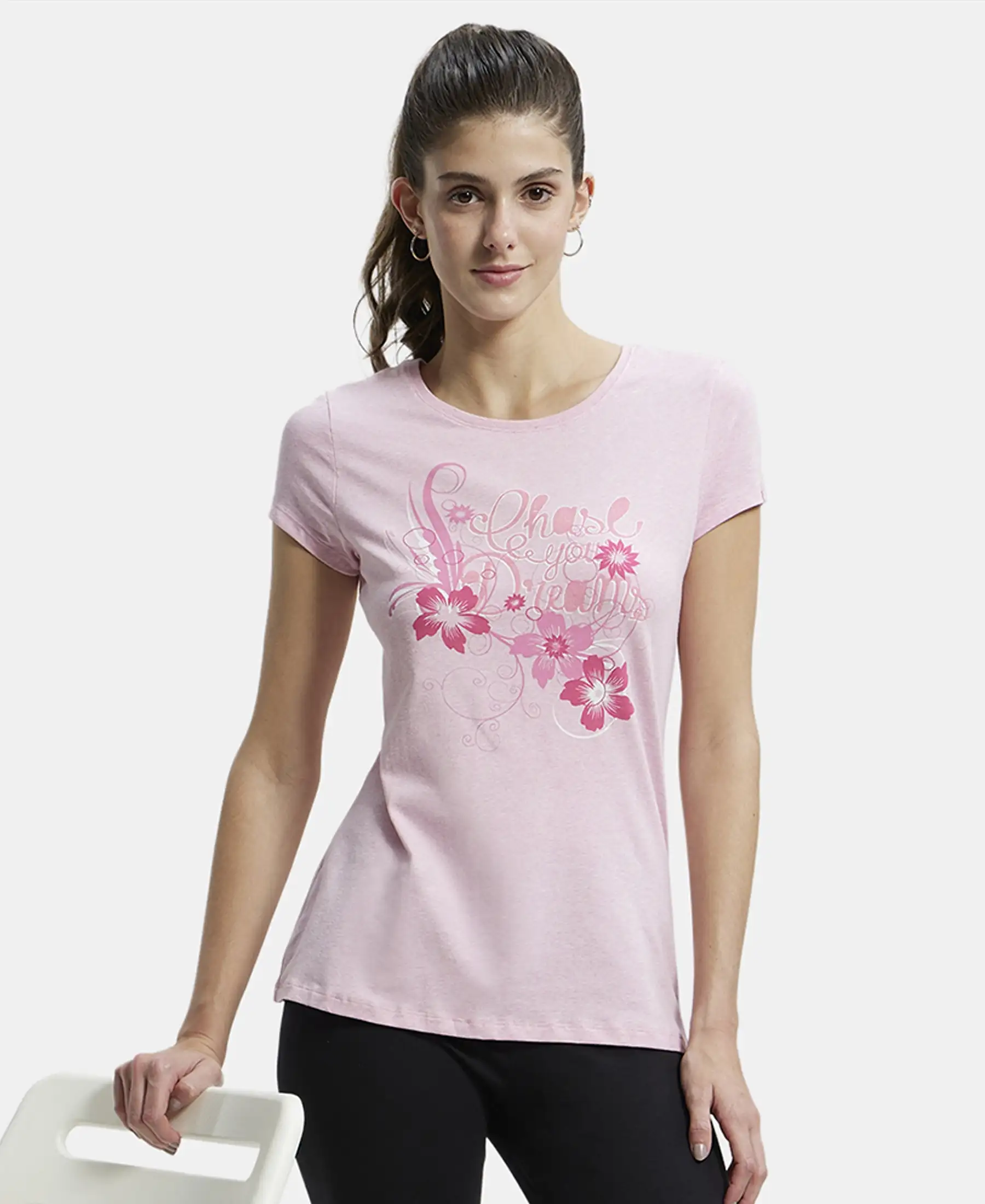 Super Combed Cotton Elastane Stretch Regular Fit Graphic Printed Round Neck Half Sleeve T-Shirt - Pink lady melange print048 - Image 5