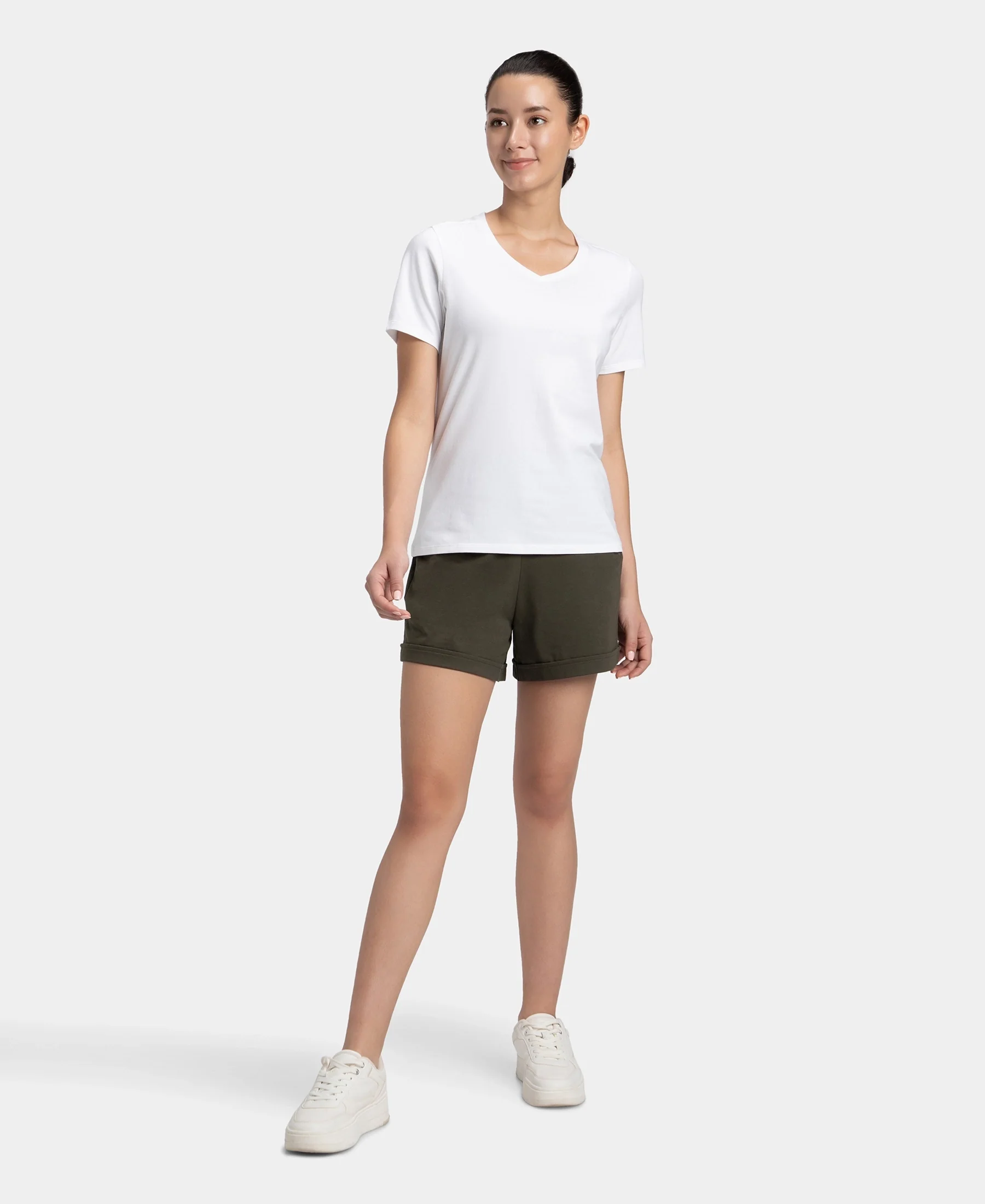Super Combed Cotton Elastane Stretch Regular Fit Solid V Neck Half Sleeve T-Shirt - White - Image 4